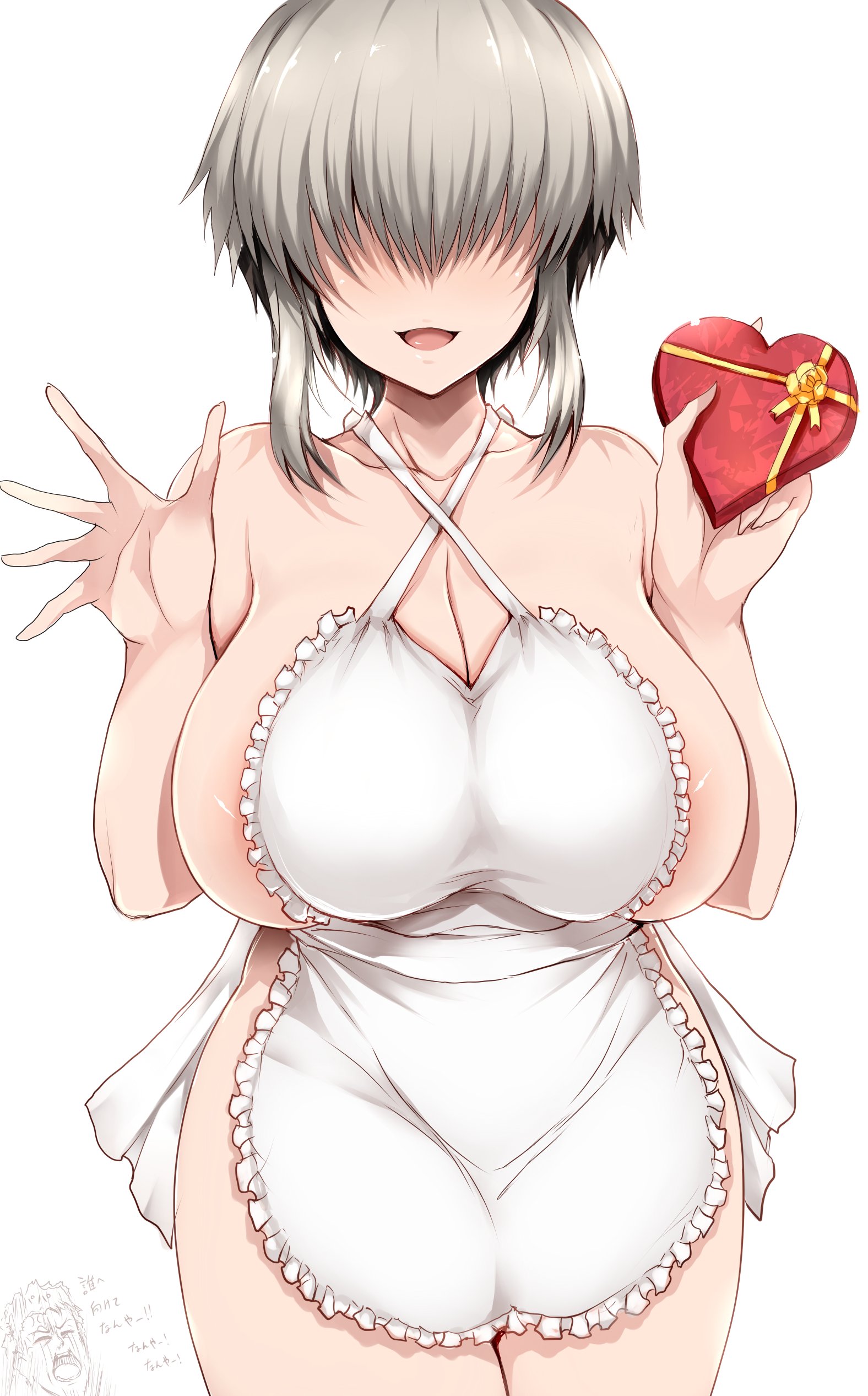 1girls, apron, apron only, breasts, cleavage, female, grey hair, hair over eyes, holding object, huge breasts, large breasts, light skin, light-skinned female, looking at viewer, naked apron, short hair, smile, tsukasawa takamatsu, uzaki yanagi, uzaki-chan wa asobitai!, valentine's day, voluptuous