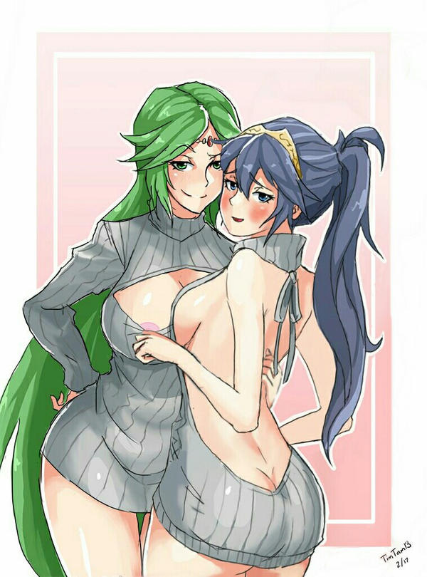 2girls, alternate hairstyle, bedroom eyes, big breasts, blue eyes, blue hair, breasts, crossover, duo, female, female only, fire emblem, fire emblem awakening, green eyes, green hair, half-closed eyes, kid icarus, light skin, light-skinned female, long hair, looking at viewer, lucina (fire emblem), nintendo, palutena, ponytail, sweater, tagme, vernefogg, very long hair, virgin killer sweater, yuri