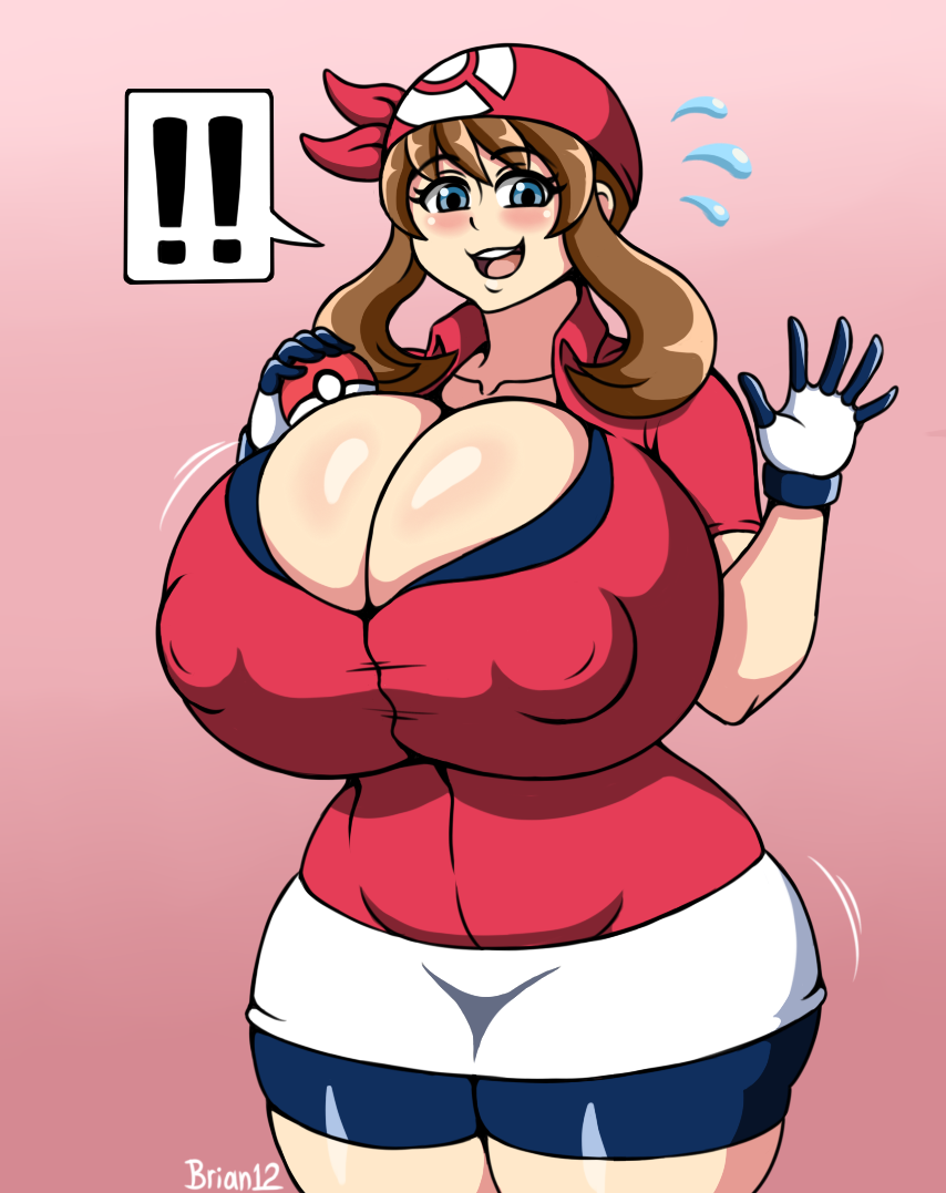 alternate_breast_size bandana barely_contained blue_eyes brian12 brown_hair bulging_breasts bursting_breasts deep_cleavage female gloves huge_breasts may_(pokemon) pokemon pokemon_rse puffy_nipples thick_thighs