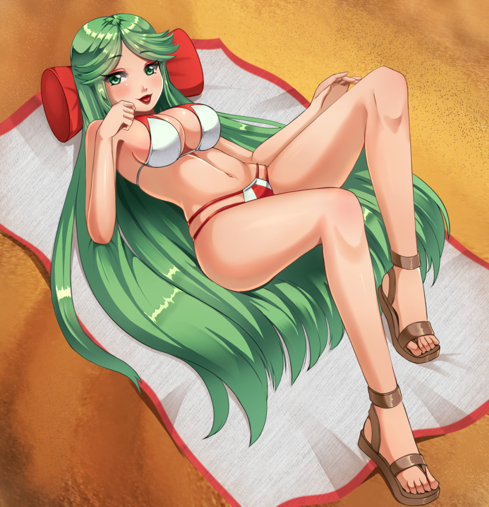 1girls big_breasts bikini blush breasts cleavage eyebrows_visible_through_hair eyeshadow female female_only green_eyes green_hair kid_icarus light-skinned_female light_skin lips lipstick long_hair nintendo palutena razorkun red_lipstick sandals solo swimsuit thick thick_hips thick_thighs very_long_hair wide_hips