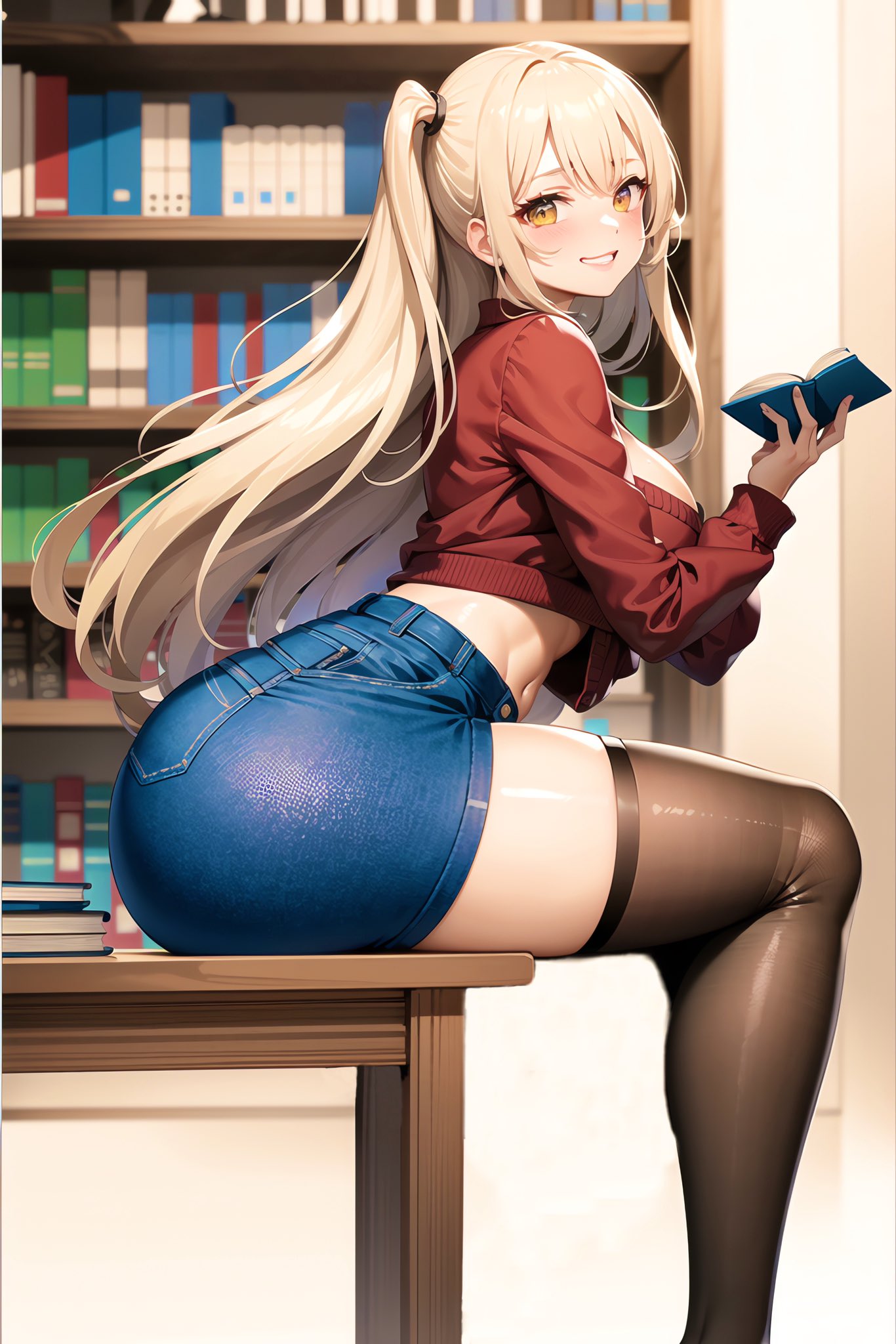 1girls ai_generated ass blonde_hair breasts dat_ass denim_shorts female gold_eyes holaraai huge_ass huge_breasts indoors jean_shorts large_breasts legwear light-skinned_female light_skin long_hair original original_character rinomaw side_ponytail size_difference slim_waist thick_thighs thighhighs