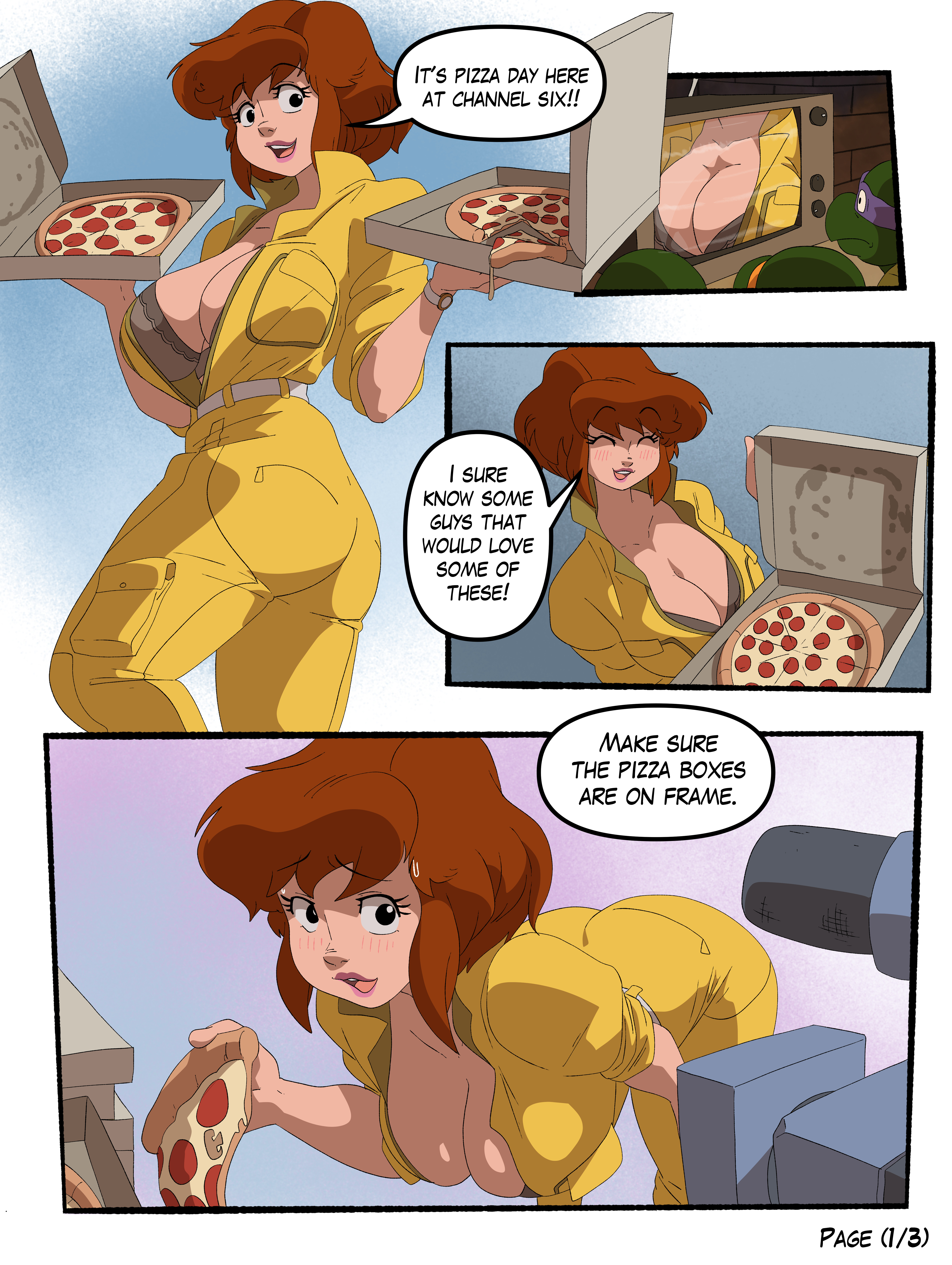 1girls, april o'neil, april o'neil (tmnt 1987), big breasts, bra, breasts, brown hair, camera, cleavage, clothing, comic, coolerinker, electronics, english text, female, female focus, human, inker comics, inkershike, jumpsuit, large breasts, page 1, page number, pale skin, teenage mutant ninja turtles, television, thick thighs, tmnt 1987, unzipped bodysuit, wide hips, wristwear