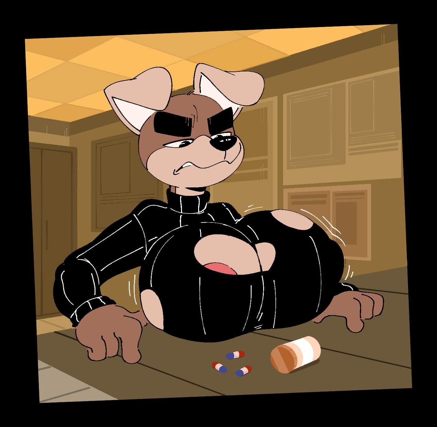 1boy, anthro, anthro only, anthrofied, big breasts, breast expansion, breast growth, breast growth (enlargement), breasts, bursting breasts, busty, busty male, canine, domestic dog, huge breasts, humanoid, indoors, kom, kom (komdog), komdog, komponi, large breasts, looking at breasts, looking at self, male, male only, male with breasts, medicine, pills, solo, sweater