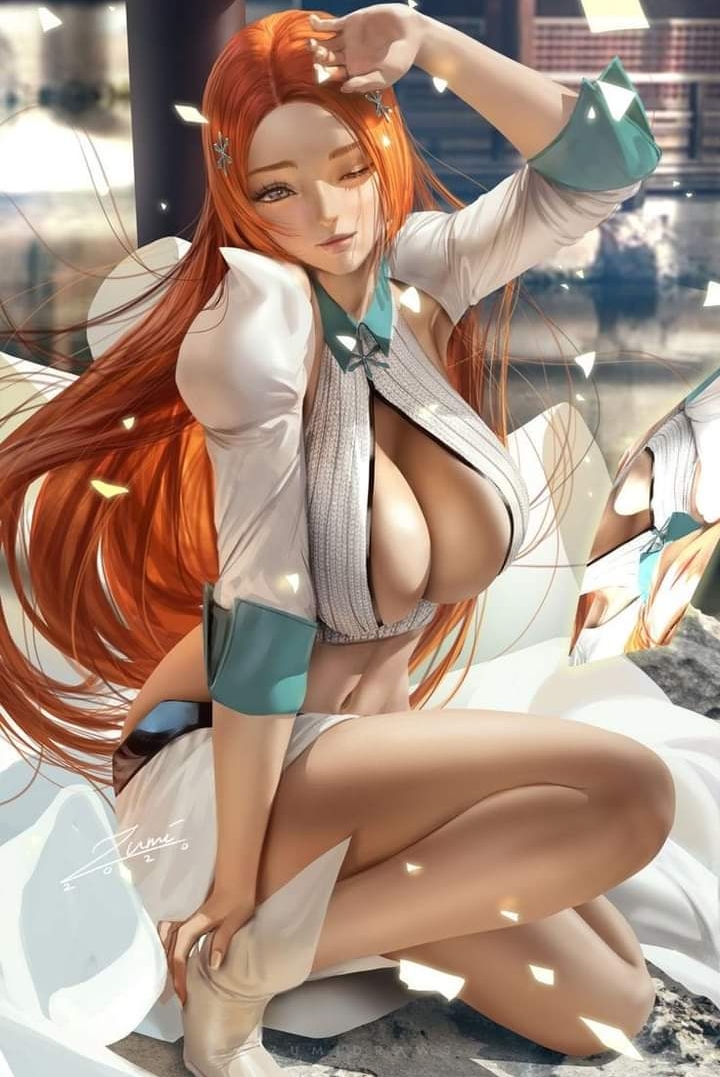 1girls, big breasts, bleach, breasts, busty, curvy, curvy female, curvy figure, female, female only, heroine, huge breasts, human, inoue orihime, light skin, light-skinned female, long hair, orange hair, solo, straight hair, voluptuous, voluptuous female, wide hips, zumi