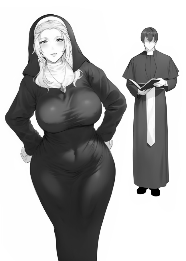 1boy big_breasts black_dress curvy curvy_figure eyeless_male female final_fantasy final_fantasy_xiv grayscale huge_breasts jamjam jamjamstyle meteor monochrome necklace nun priest tight_clothing venat_(ffxiv) warrior_of_light wide_hips