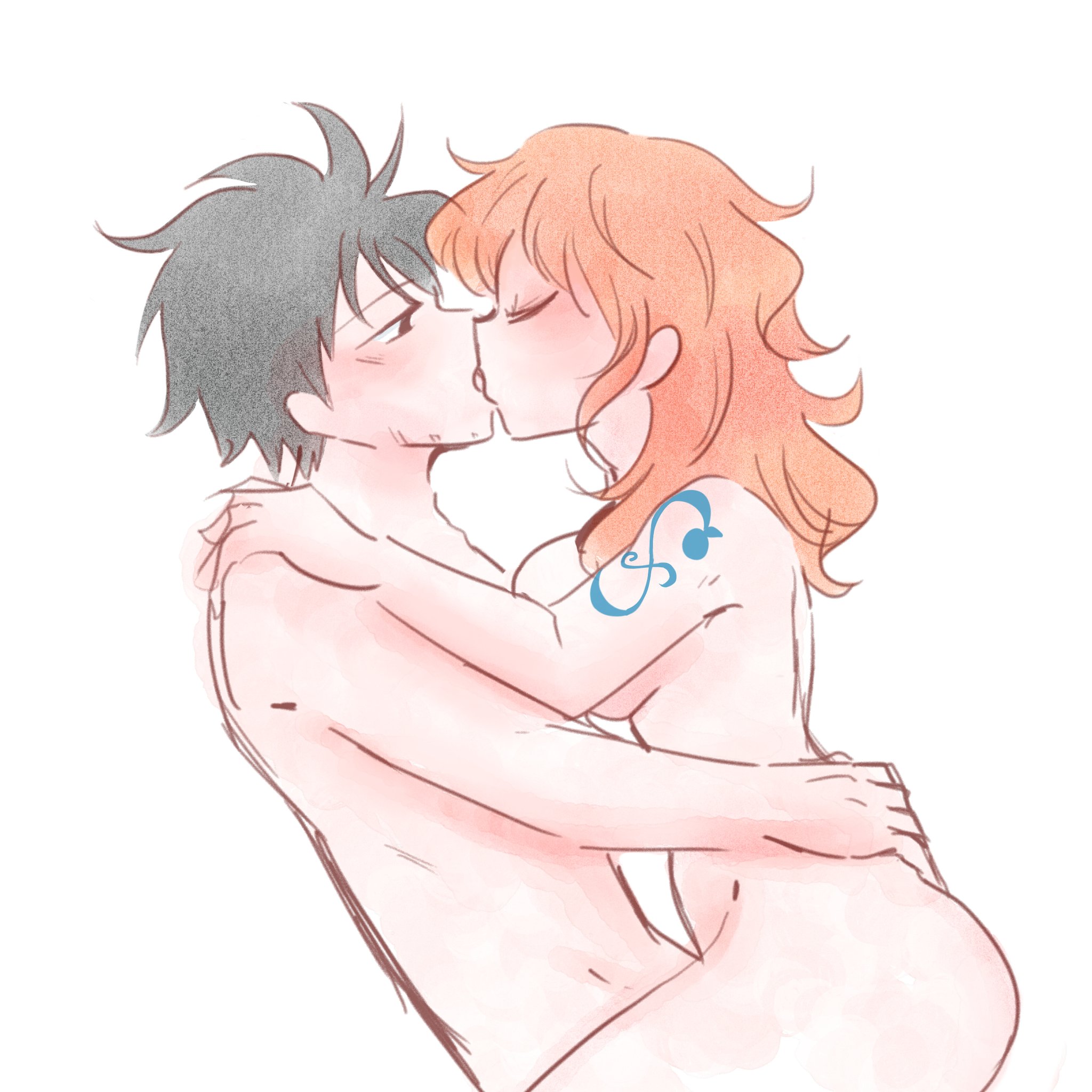 1boy, 1girls, aged up, arm tattoo, ass, big breasts, black hair, black-haired male, blue tattoo, breasts, completely nude, couple, curvy, curvy female, embrace, female, implied penetration, implied sex, kissing, kissing while penetrated, long hair, male, male/female, monkey d luffy, muscular, muscular male, nami (one piece), nude, okberry, one piece, orange hair, orange-haired female, passionate, post-timeskip, romantic, short hair, shoulder tattoo, sideboob, sitting, sitting on lap, sitting on person, stubble, tattoo, thighs, wholesome