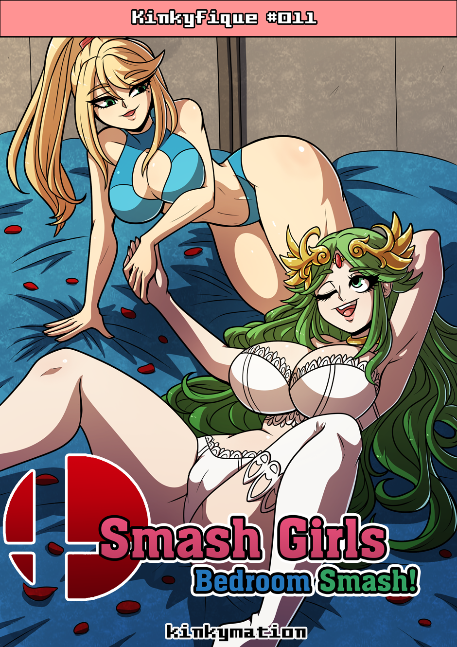 2girls, ass, big ass, big breasts, big butt, blonde hair, blue eyes, breast grab, breasts, bubble ass, bubble butt, comic, comic cover, crossover, dildo, female, female on female, female only, female/female, green eyes, green hair, hartman hips, hips, hourglass figure, huge ass, huge breasts, kid icarus, kinkymation, long hair, metroid, nintendo, palutena, samus aran, sex, super smash bros., white skin, wide hips, yuri