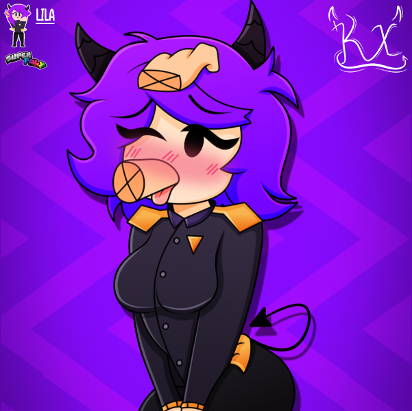 1girls background badge blowjob blush demon_tail fully_clothed_female hands_on_head horns k3iberx lila_(superpoly) lilac_hair one_eye_closed oral_sex penis roblox roblox_game self_upload simple_background simple_shading suit superpoly tagme tits watermark