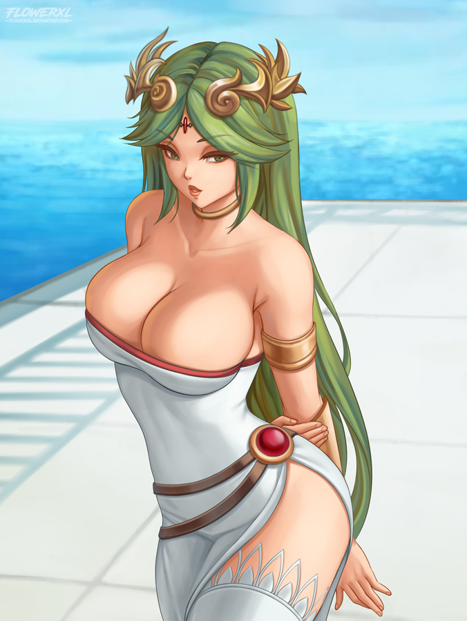 1girls, female, flowerxl, green hair, horny, kid icarus, long hair, nintendo, palutena, white skin