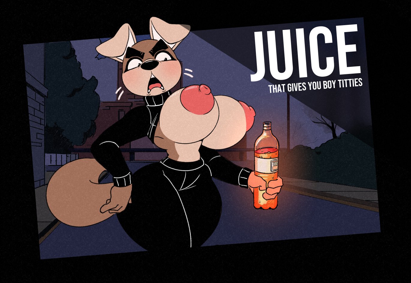 1boy, anthro, big breasts, bottle, breast expansion, breast growth, breast growth (enlargement), breasts, breasts out, busty, busty male, canine, domestic dog, drink, huge breasts, kom, kom (komdog), komdog, komponi, large breasts, male, male only, male with breasts, nipples, pants, solo, surprised, sweater, thick thighs, wide hips