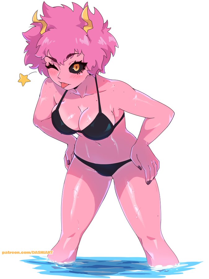 bikini bikini_bottom bikini_top dashi_art mina_ashido my_hero_academia pink_female pink_hair pink_skin short_pink_hair swimsuit