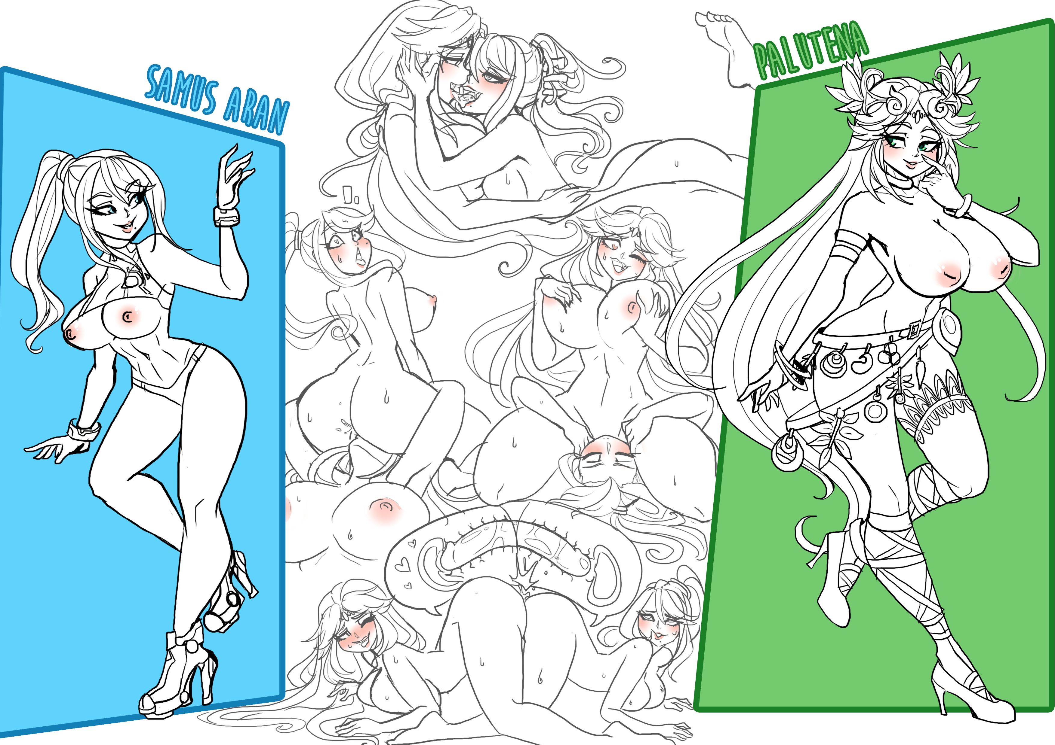 2girls, crossover, cunnilingus, double dildo, eating pussy, facesitting, female, green hair, kid icarus, kid icarus uprising, kinkymation, line art, long hair, metroid, nintendo, palutena, pussy, samus aran, sex, super smash bros., tagme, tongue kiss, uterus, white skin, x-ray, yuri