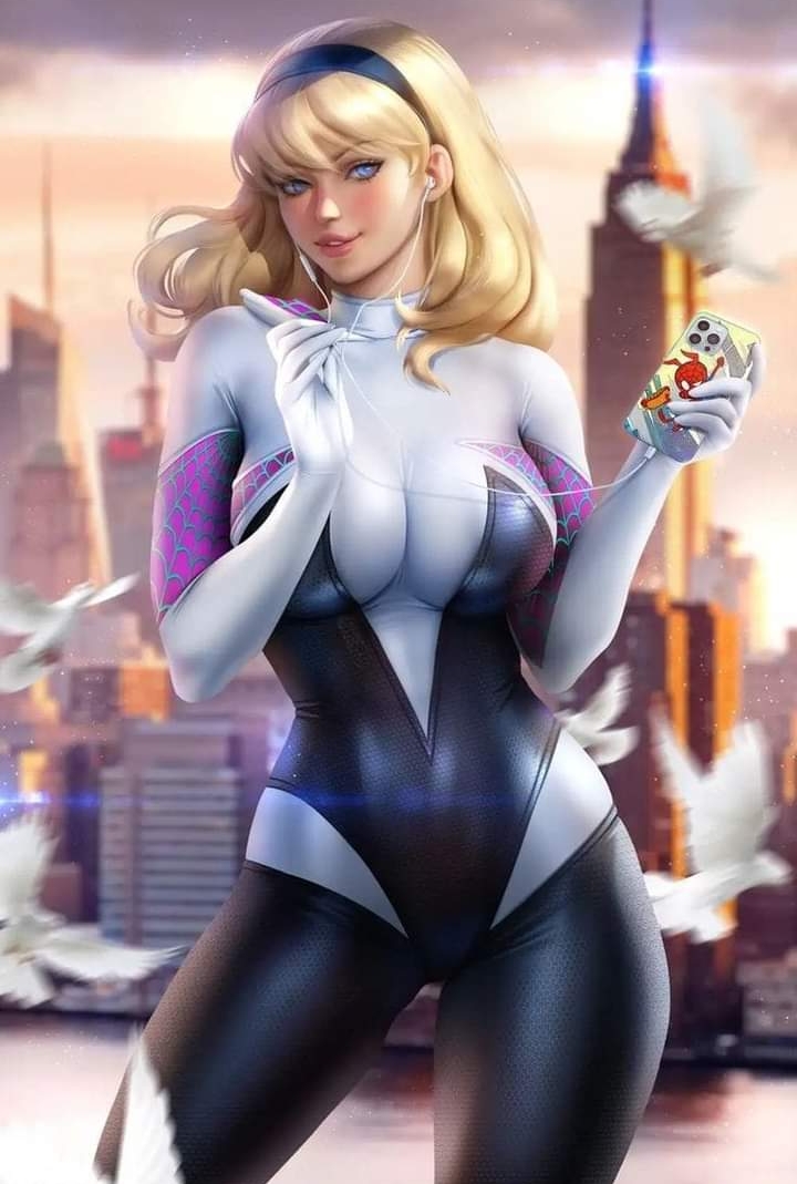 1girls, ayyasap, big breasts, blonde hair, breasts, cleavage, clothed, clothed female, curvy, curvy female, curvy figure, female, female only, gwen stacy, hairband, headband, human, large breasts, light skin, light-skinned female, marvel, marvel comics, nonude, skintight, smile, solo, spider-gwen, spider-man (series), straight hair, superheroine, wide hips