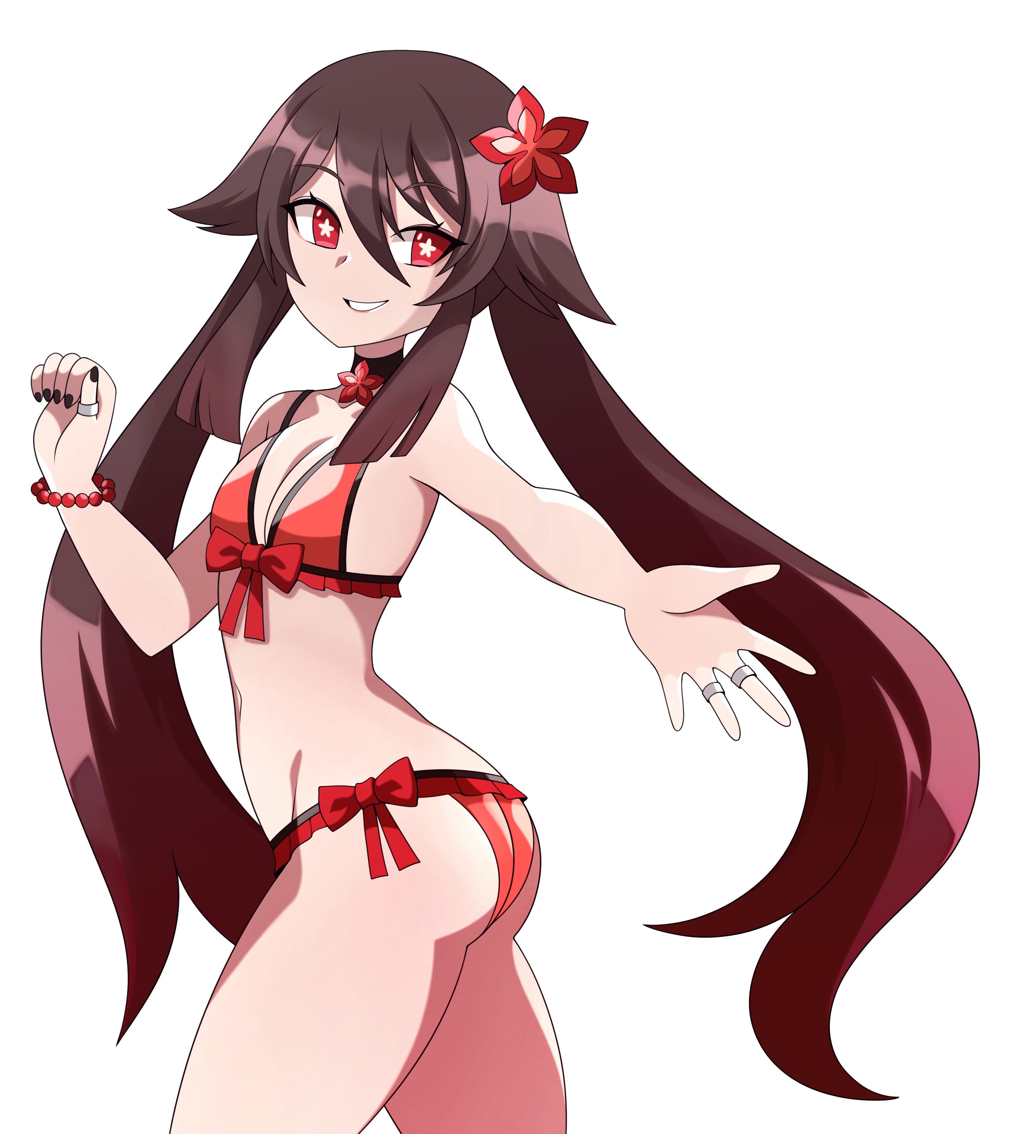 1girls, 1woman, abysswatchers, black collar, black hair, black-haired female, bra, bracelet, collar, female, genshin impact, hu tao (genshin impact), long hair, long-haired female, panties, red bra, red bracelet, red eyes, red panties, red-eyed female, ring, rings, tagme, woman, woman only