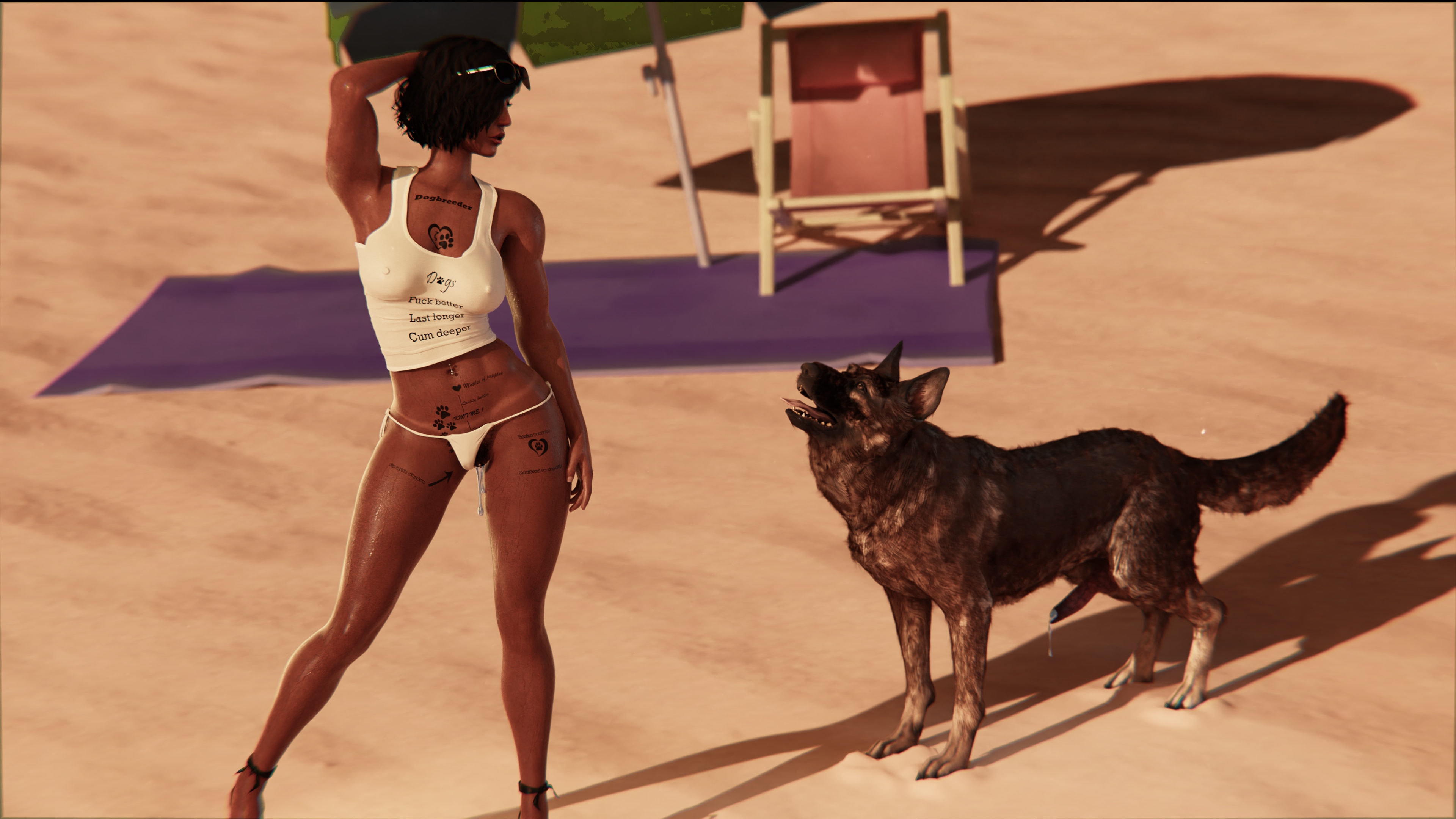 1boy, 1girls, 3d, beach, beach towel, bestiality, bestiality tattoo, blender (software), canid, canine, canine on human, canine penis, canis, chair, cum dripping, cum dripping from penis, cum dripping out of pussy, cum in pussy, dog, domestic dog, female, female on feral, feral, feral on female, feral on human, high resolution, human female, human on feral, imminent bestiality, impending sex, implied bestiality, implied sex, looking at another, lordswagg666, male, no penetration, overwatch, panties aside, partially clothed, penis, pharah, pinup, pussy, shirt, sunglasses, sweating, tattoo, vaginal juices, zoophilia
