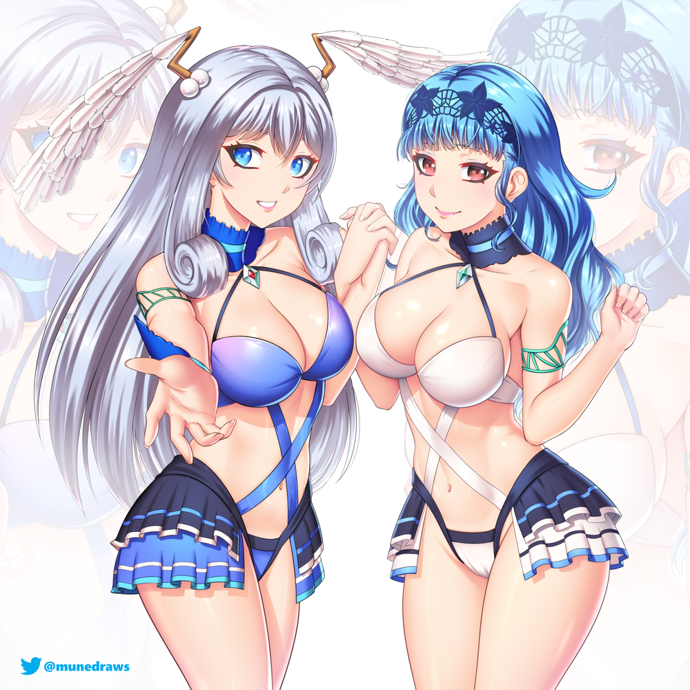 2girls alternate_costume alternate_hairstyle bikini blue_hair blue_swimsuit breasts cleavage crossover etchimune female female_only fire_emblem fire_emblem:_three_houses fire_emblem_warriors:_three_hopes large_breasts long_hair marianne_von_edmund melia_antiqua multiple_girls nintendo official_alternate_hairstyle swimsuit white_bikini white_swimsuit wings wings_on_head xenoblade_(series) xenoblade_chronicles xenoblade_chronicles_3