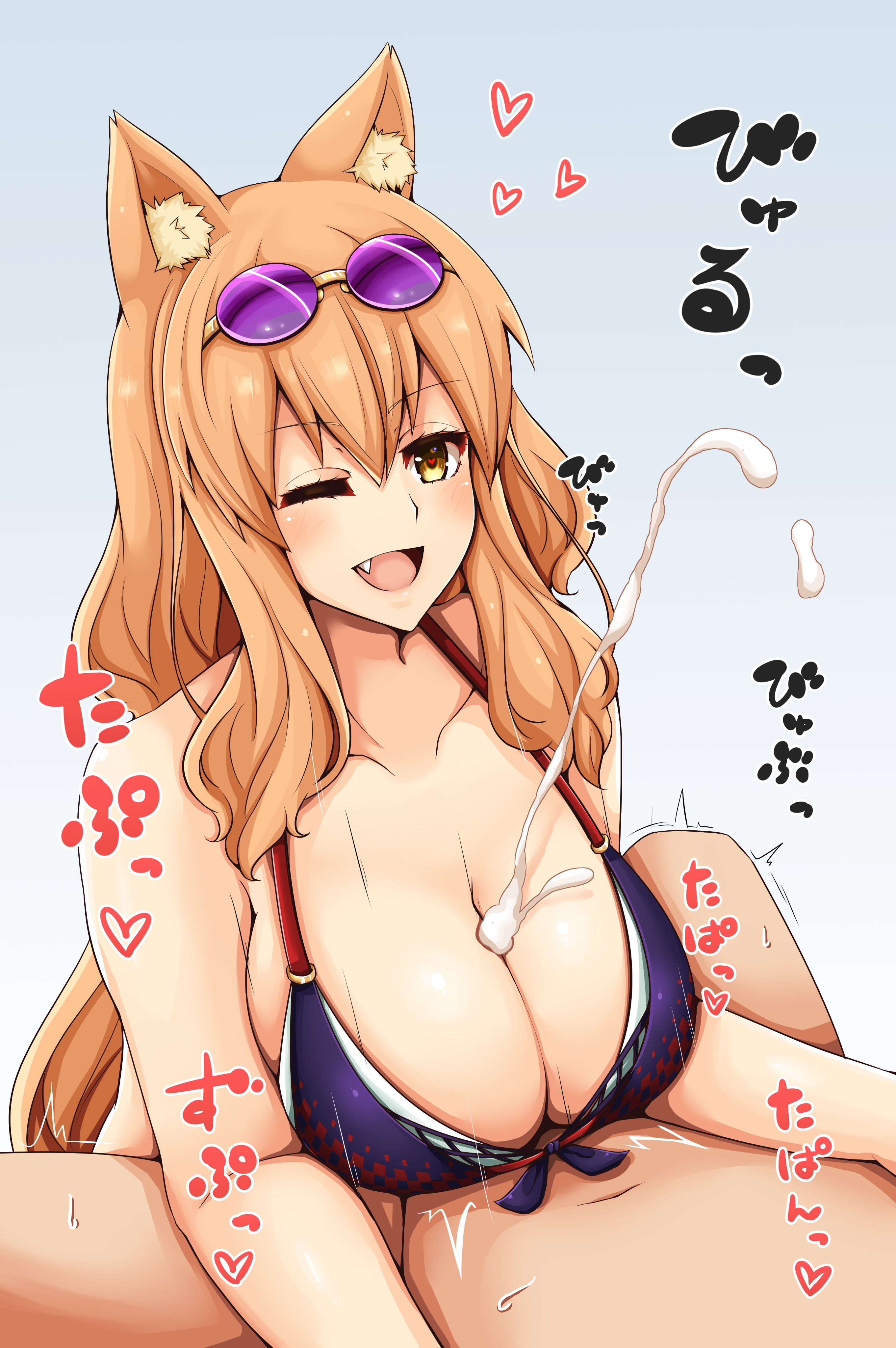 1boy, 1girls, absurd res, big breasts, bikini, breasts, cum, den (den zuri555), ejaculation, ejaculation between breasts, engulfing paizuri, fang, fate (series), fate/extra ccc, fate/grand order, female, fox ears, fox girl, fox humanoid, golden eyes, heart eyes, heart-shaped pupils, heavenly demon princess, kitsune, kitsunemimi, large breasts, light skin, light-skinned female, loving gaze, male, one eye closed, orange hair, paizuri, paizuri lead by female, ruined orgasm, suzuka gozen (fate), suzuka gozen (heavenly demon princess) (fate), swimsuit, tagme, unseen male face, wink