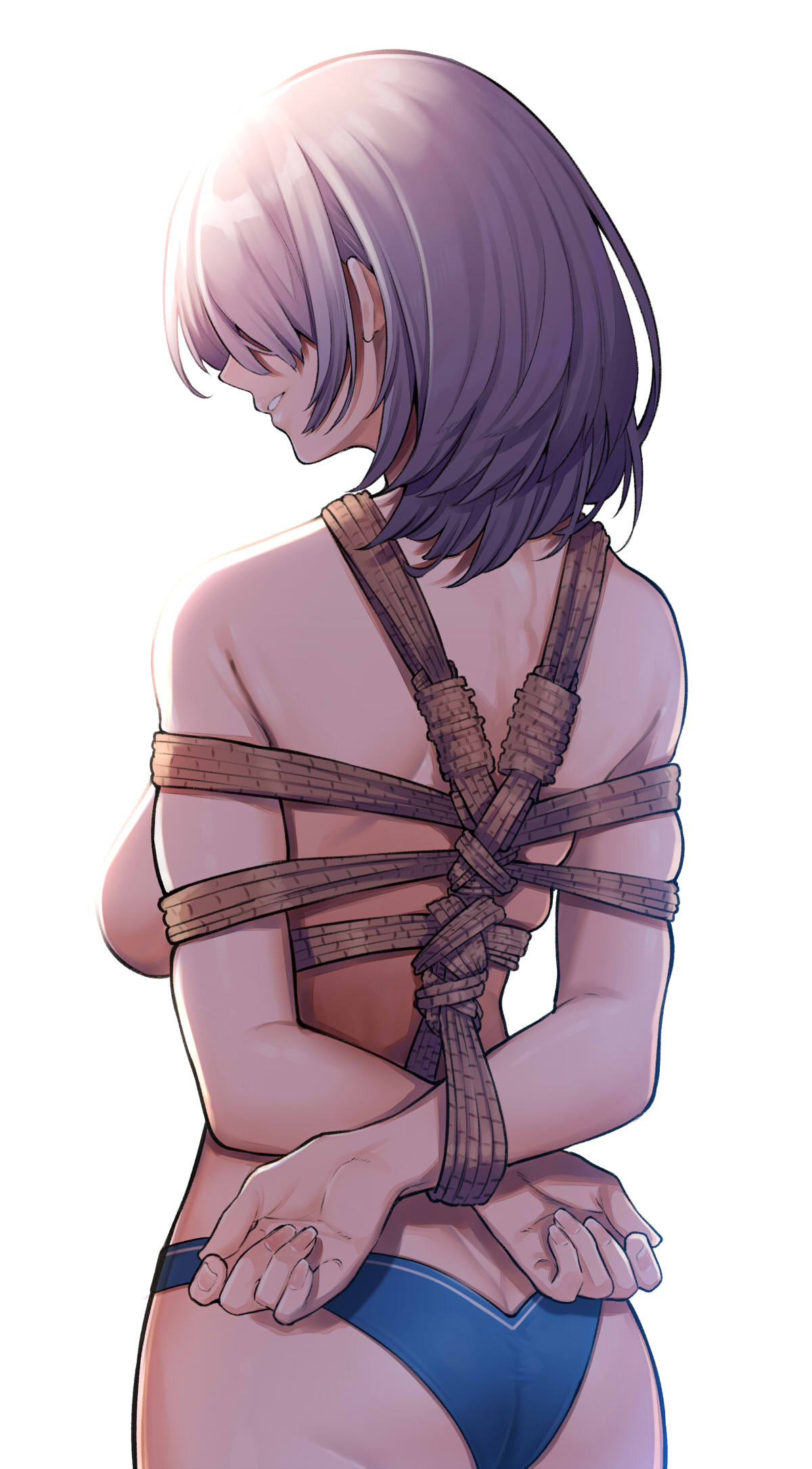 1girls, arms behind back, ass, back view, bondage, bound, breasts, female, hi res, hololive, hololive fantasy, hololive japan, mikan (chipstar182), panties, restrained, rope, rope bondage, shibari, shirogane noel, short hair, sideboob, smile, solo, tied, tied up, topless, virtual youtuber, white hair