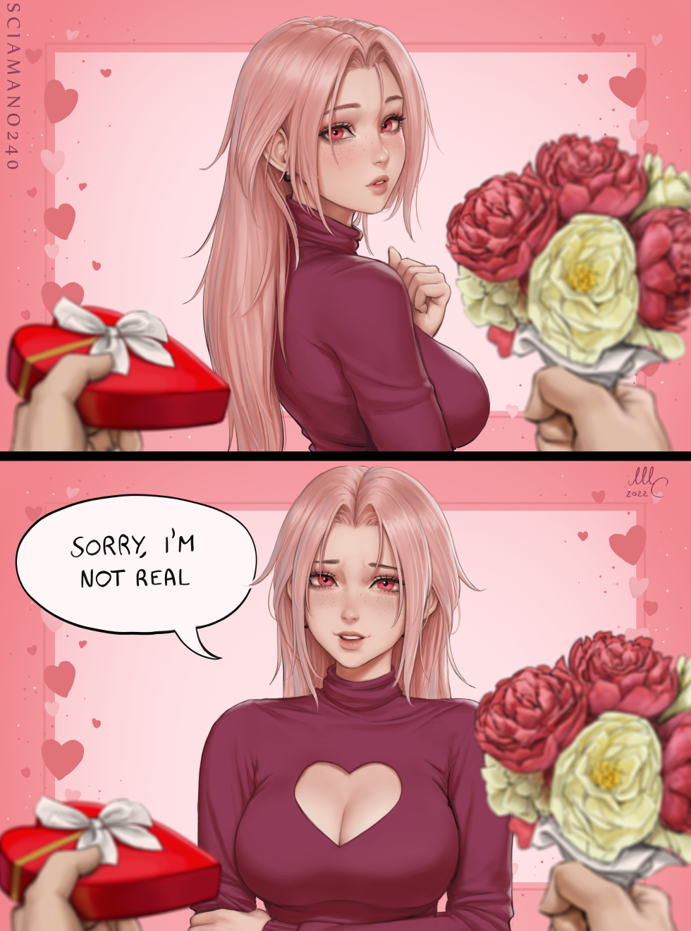 :( big_breasts breaking_the_fourth_wall chloe_(sciamano240) chocolate chocolate_heart cleavage_cutout first_person_view flowers freckles heart_cutout heartbreaking holidays looking_at_viewer mirco_cabbia oc original original_character pink_eyes pink_hair pov pov_eye_contact sad schizophrenia sciamano240 sweater text text_bubble valentine's_day