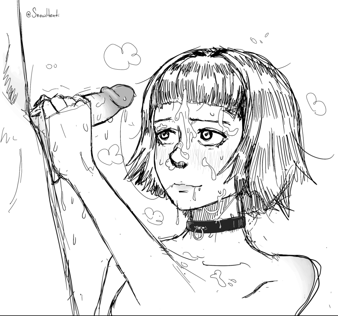 1girls, berserk, black and white, blowjob, blushing, breasts, choker, collar, cum on face, farnese, female, human, monochrome, short hair, snowhenti