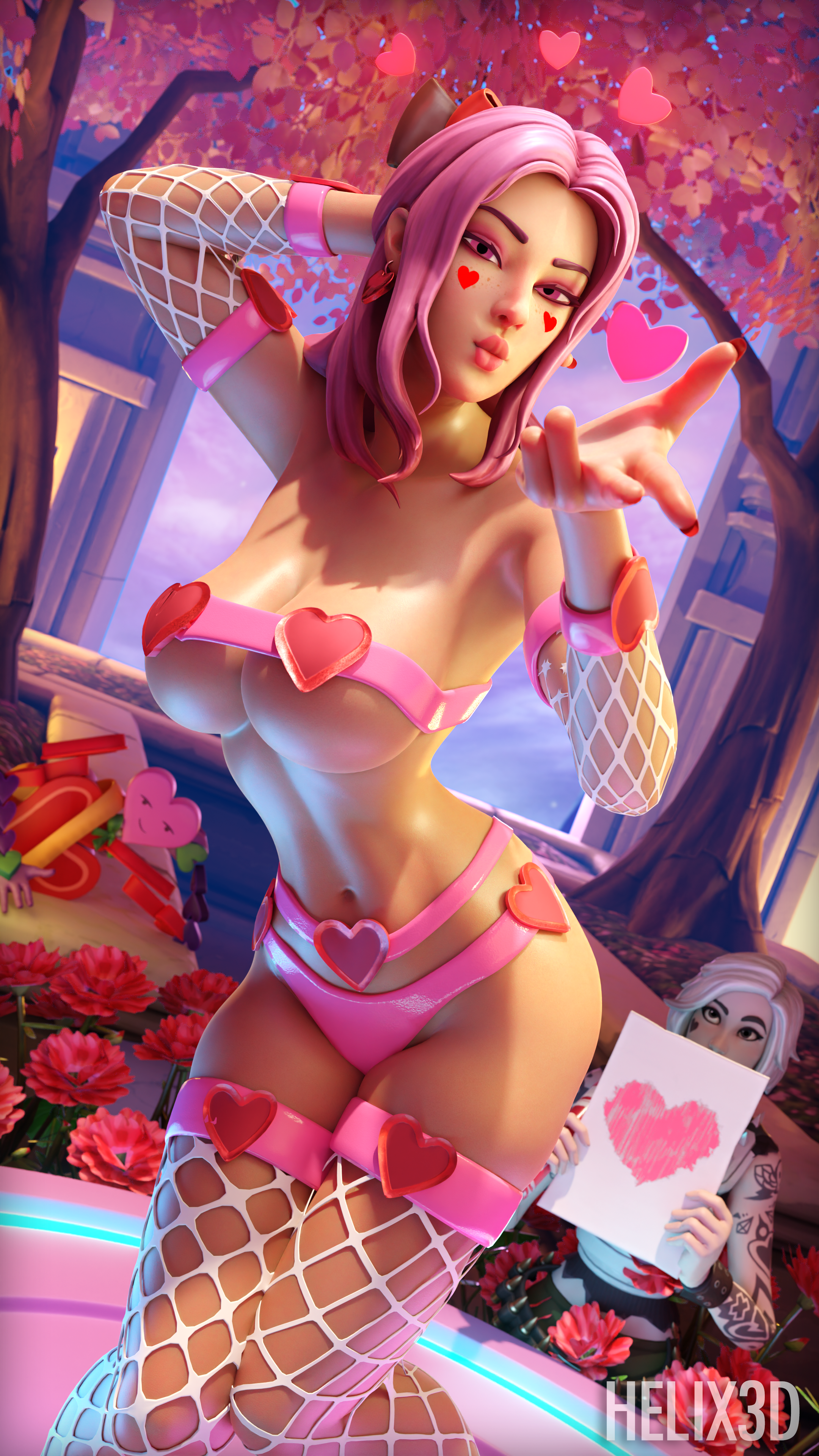 2girls, 3d, 4k, female, female only, fortnite, helix3d, lovely (fortnite), nipple covers, pink hair, revealing clothes, tess (fortnite), valentine's day