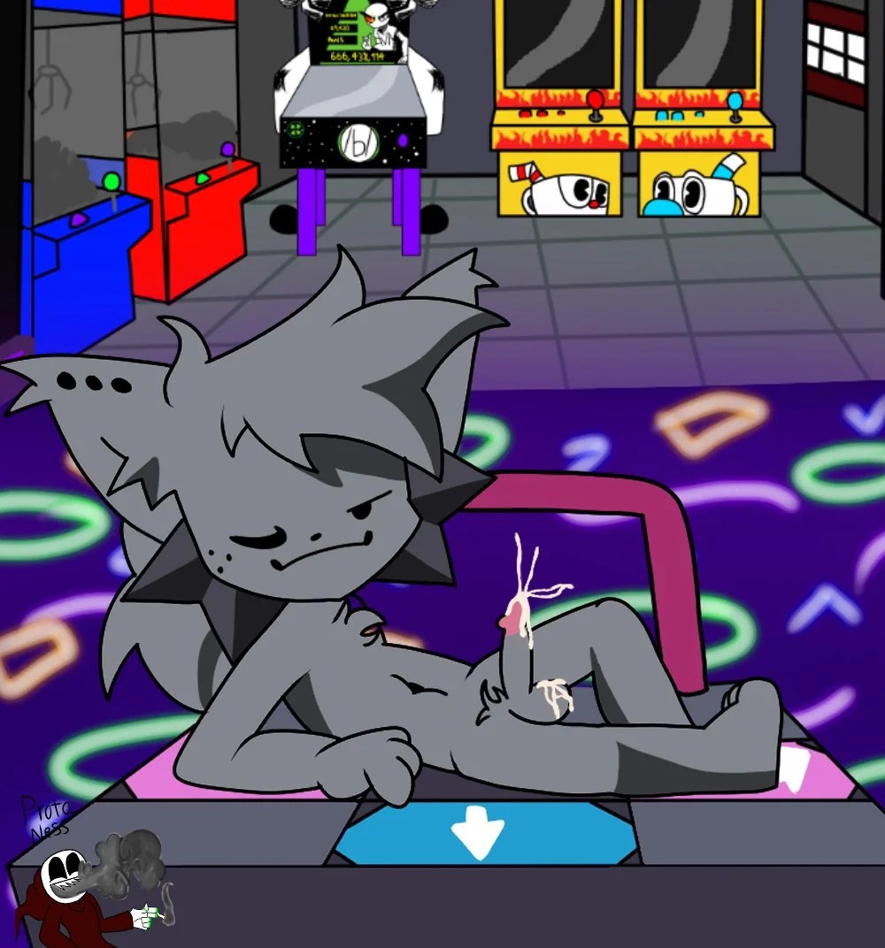 1boy animal_genitalia anthro arcade arcade_machine belly black_eyes bodily_fluids cat_ears cat_tail closed_eye closed_smile cum dance_pad detailed_background dick ear_piercing ejaculation erect_penis erection freckles friday_night_funkin friday_night_funkin_mod fur grey_body grey_fur humanoid_penis kapi_(paperkitty) laying_down laying_on_back long_hair male male_only neon neon_lights one_eye_closed penis proto_ness_(artist) solo traced tuft tufted_fur watermark wink