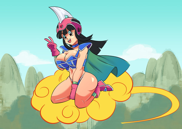 1girls ass belly_button big_breasts bikini black_hair blue_panties boots breasts chichi chichi's_armor chichi's_helmet dragon_ball dragon_ball_(classic) dragon_ball_z female female_only flying_nimbus fully_clothed funsexydragonball gloves gloves_and_boots_only long_hair nude outdoor_nudity panties pure_heart revealing_clothes smile smiling solo