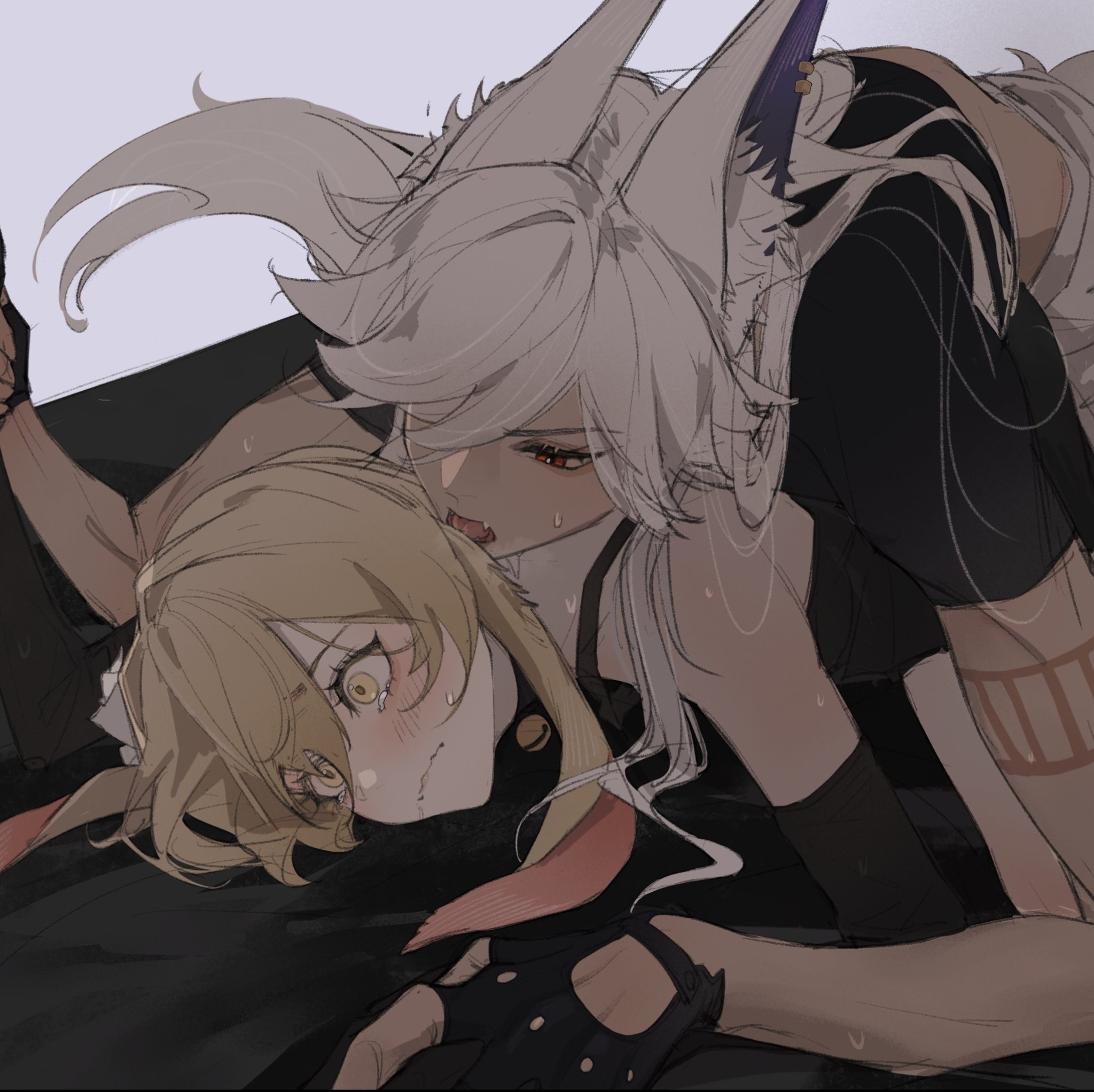 aoma (xuanzexuexi), blonde hair, cyno (genshin impact), female, genshin impact, laying on back, licking, licking ear, lumine (genshin impact), on back, on top, straight, white hair