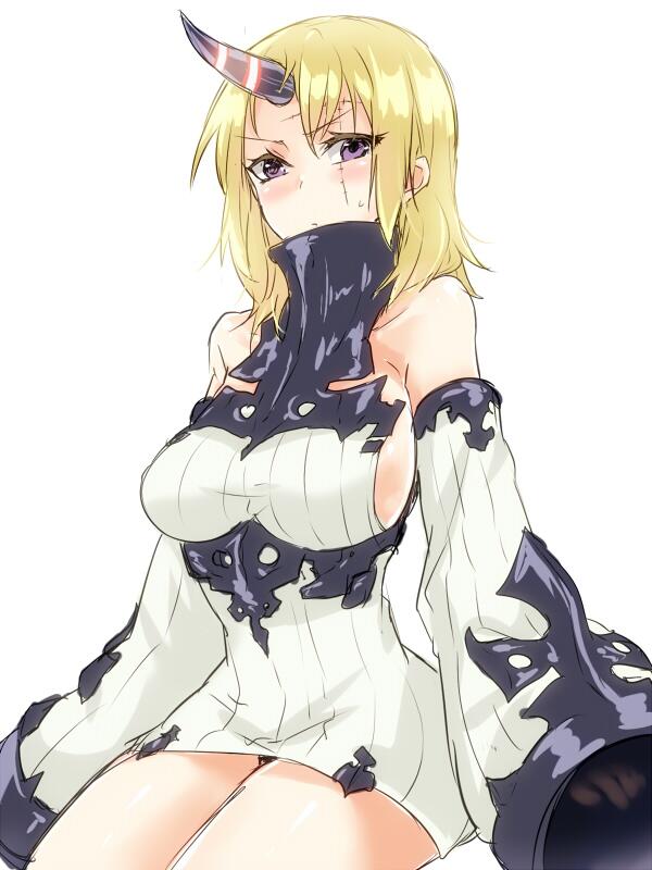 alternate_costume big_breasts blonde_hair blush cosplay crossover detached_sleeves embarrassed facial_scar female female_only gintama hair_down horn kantai_collection looking_at_viewer medium_hair punchiki purple_eyes seaport_hime seaport_hime_(cosplay) sideboob sitting solo sweatdrop sweater_dress tsukuyo white_background