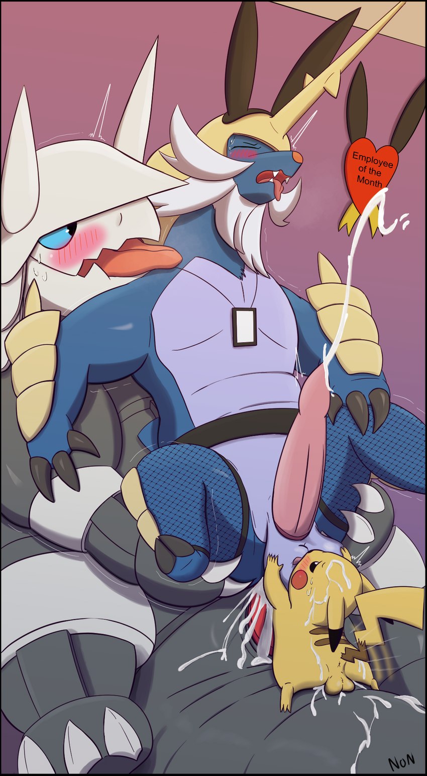 aggron ball_fondling balls_deep clothing feral group_sex male/male nintendo nongen pikachu pokemon pokemon_(species) pokephilia samurott size_difference tongue_out trusting