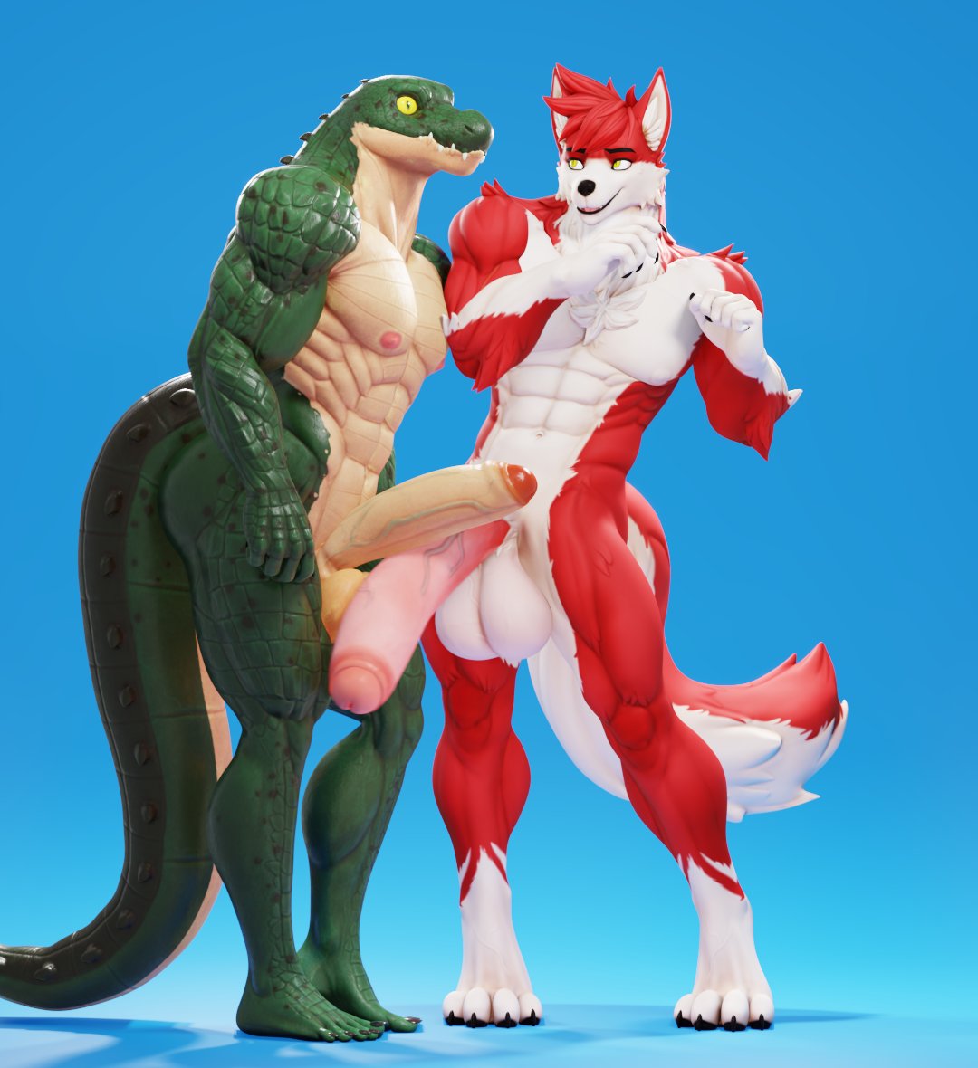 3d_(artwork) abs anthro arm_tuft balls big_balls big_penis black_claws black_lips black_nose canid canine canis chest_tuft clawed_fingers claws connivingrat countershade_torso countershading crocodile crocodilian crocodylid danny_sterling_(spitfire420007) digital_media_(artwork) digitigrade duo ear_tuft elbow_tuft finger_claws fur genitals head_tuft helm_(connivingrat) huge_balls huge_cock humanoid_genitalia humanoid_penis lips male male_only mammal muscular muscular_male neck_tuft nude nude_male peach_body pecs penis plantigrade red_body red_fur reptile scalie simple_background smile toe_claws tuft vein veiny_balls veiny_penis white_body white_fur wolf yellow_eyes yellow_sclera