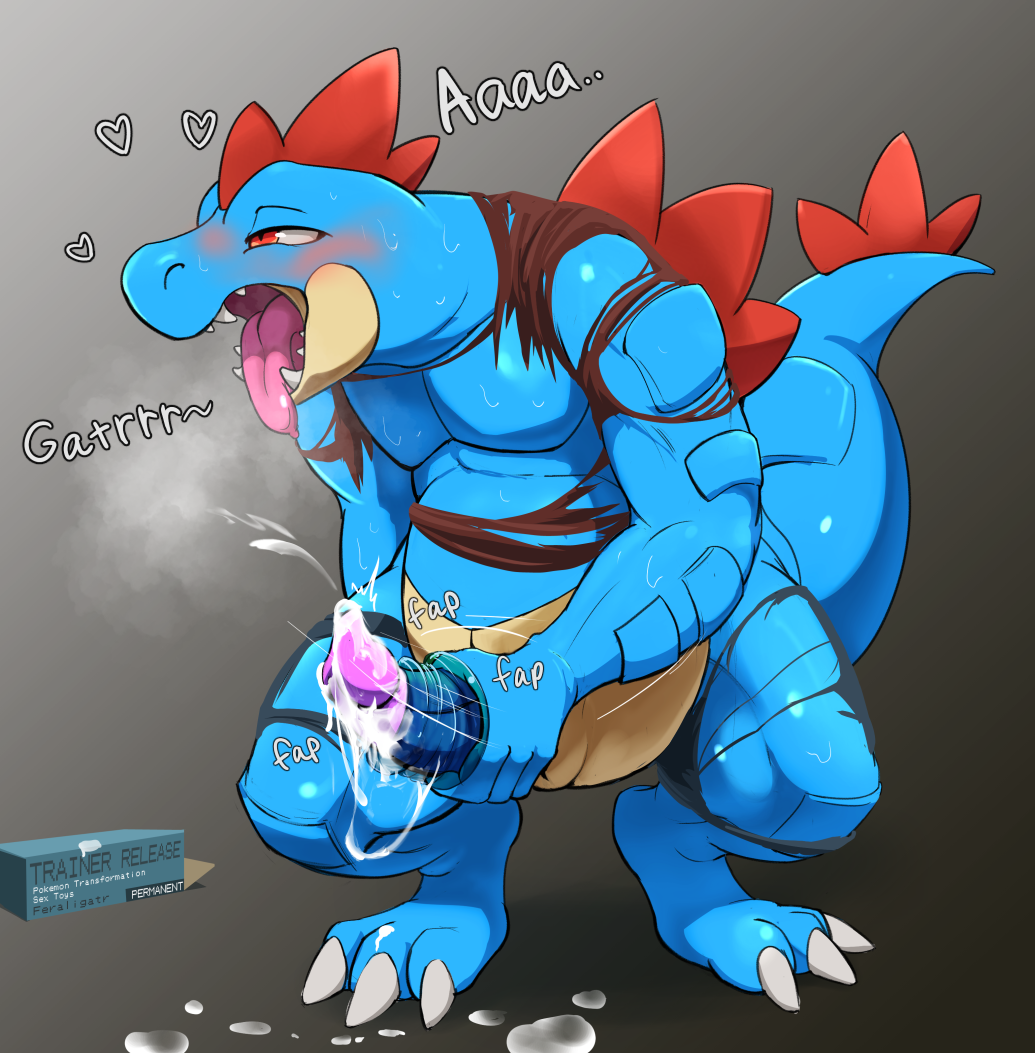 after_transformation anthro biped blue_body blush bodily_fluids bottomwear breath claws clothing cum cum_on_ground cum_on_own_penis cum_on_penis cum_on_self cum_string cumshot ejaculation erection fangs feraligatr generation_2_pokemon genital_fluids genitals gradient_background grey_background heart implied_transformation looking_pleasured male masturbation nintendo open_mouth penetrable_sex_toy penile penile_masturbation penis pokemon pokemon_(species) red_eyes scalie semi-anthro sex_toy shirt simple_background solo standing tan_body teeth toe_claws tongue tongue_out topwear torn_bottomwear torn_clothing torn_shirt torn_topwear toshabi