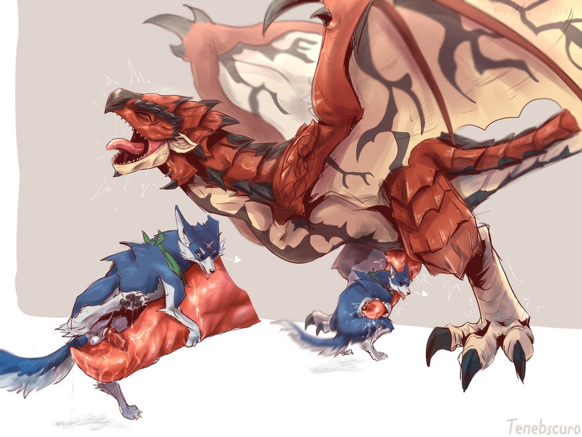 2d biting canine capcom color cum dog dragon feral feral_on_feral frottage looking_pleasured male/male male_only monster_hunter monster_hunter_rise on_model palamute rathalos sex sharp_teeth simple_background size_difference standing_on_penis tenebscuro tongue wings wolf