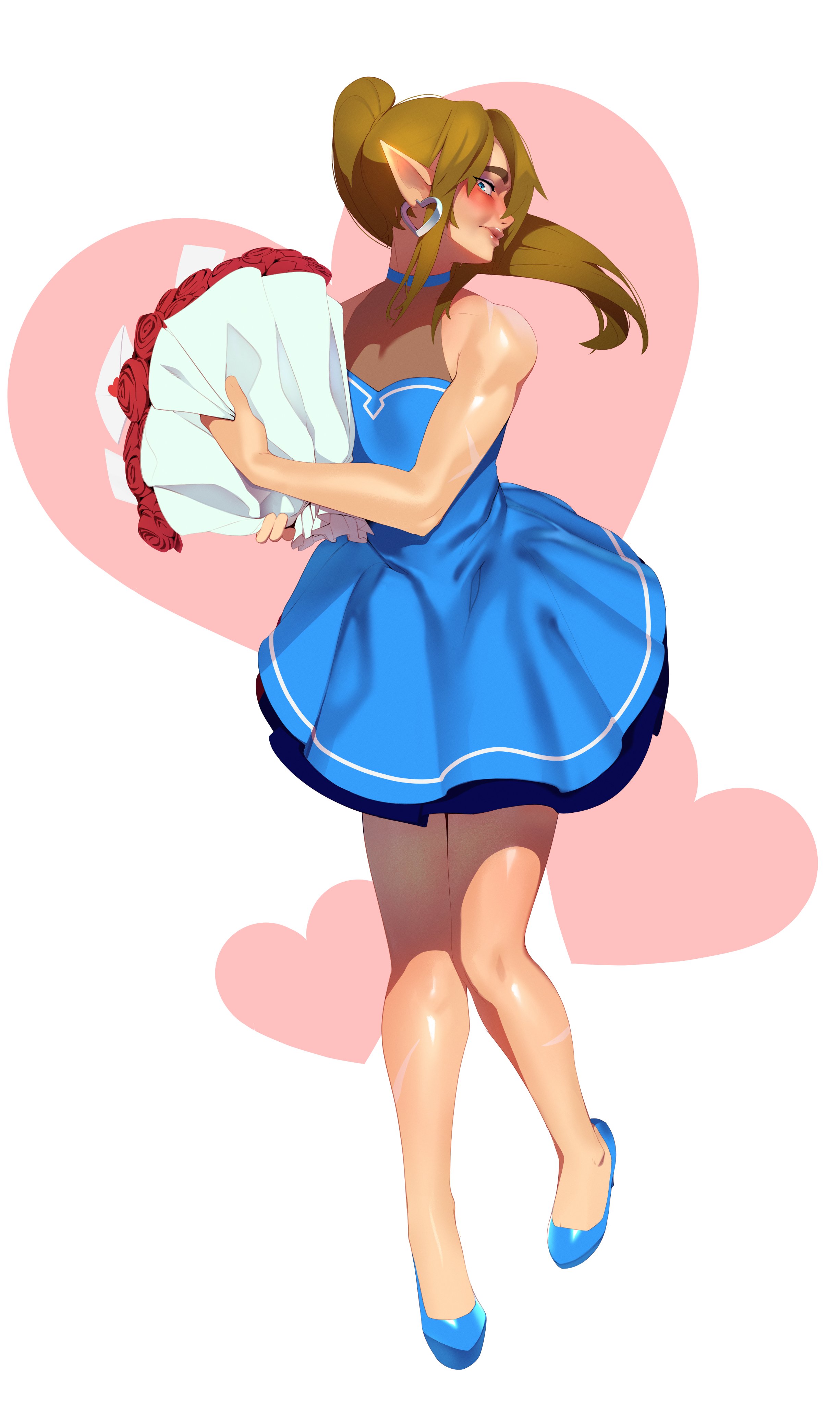 1boy, bare shoulders, blonde hair, blue choker, blue dress, blue eyes, blue high heels, blush, bouquet, choker, clothed, clothed male, clothing, collarbone, combos-n-doodles, crossdressing, dress, earrings, embarrassed, eyelashes, eyeliner, feet, femboy, feminine male, flower, flowers, footwear, hair, heart, heart background, heart-shaped earrings, hi res, high heels, highres, holding, holding object, legs together, light skin, light-skinned male, link, long ears, long hair, looking at viewer, male, male only, nervous, nintendo, pointy ears, ponytail, rose, roses, scars, shiny skin, simple background, sissy, solo, solo male, standing, the legend of zelda, thighs, trap, valentine's day, white background, wide eyed