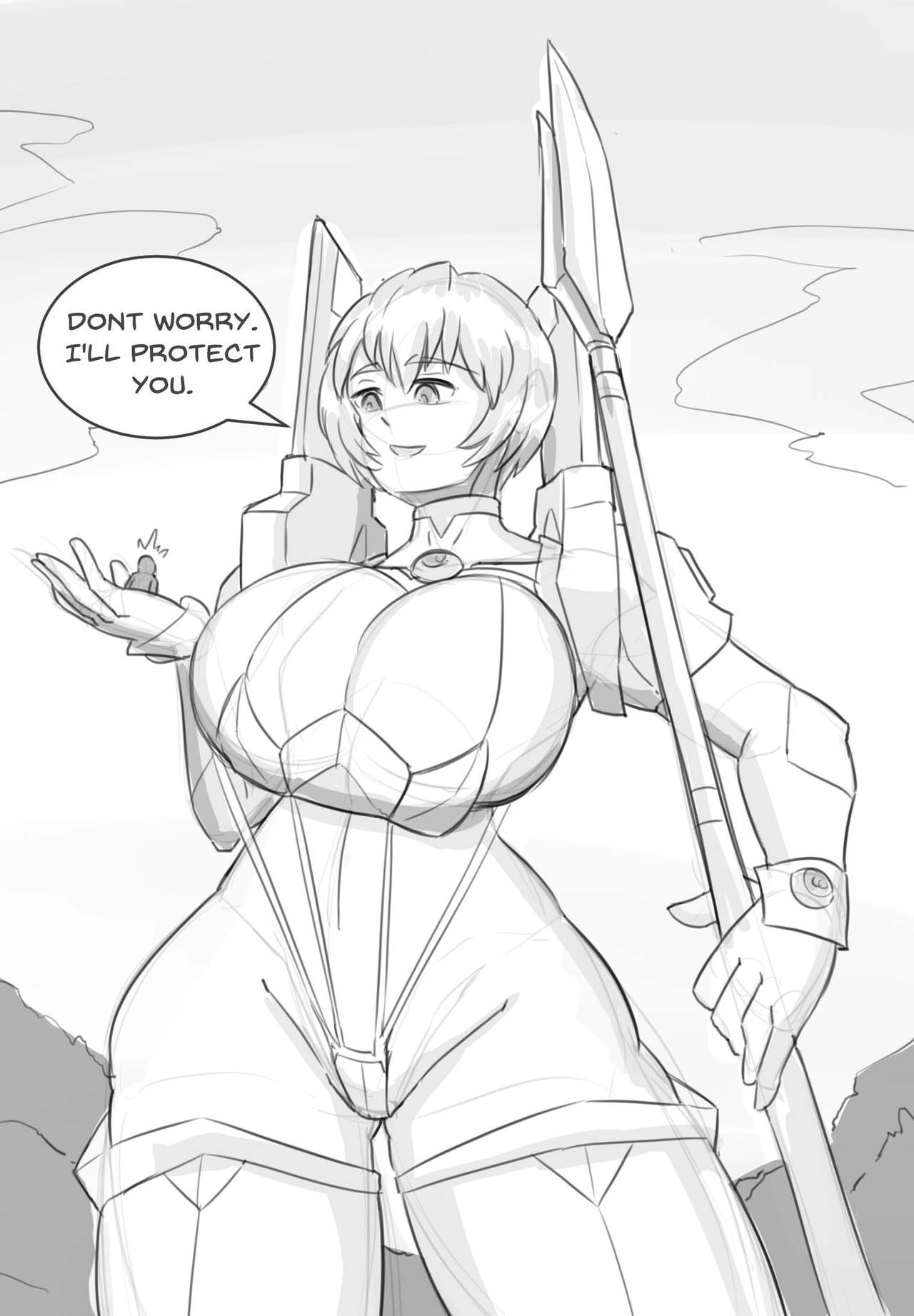 bikini bobcut breasts busty cleavage giantess huge_breasts neon_genesis_evangelion rei_ayanami rexcrash64 sling_bikini smaller_male teenager uncolored