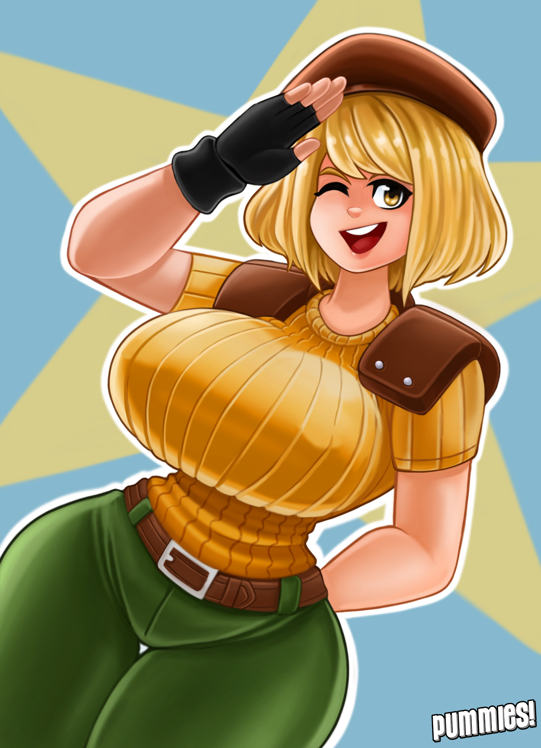 1girls, ashley graham, ashley graham (ella freya), blonde hair, breasts, capcom, female, female only, huge breasts, jill valentine (cosplay), light skin, light-skinned female, looking at viewer, pummies, resident evil, resident evil 4, resident evil 4 remake, salute, smiling at viewer, tagme, thick thighs, yellow eyes
