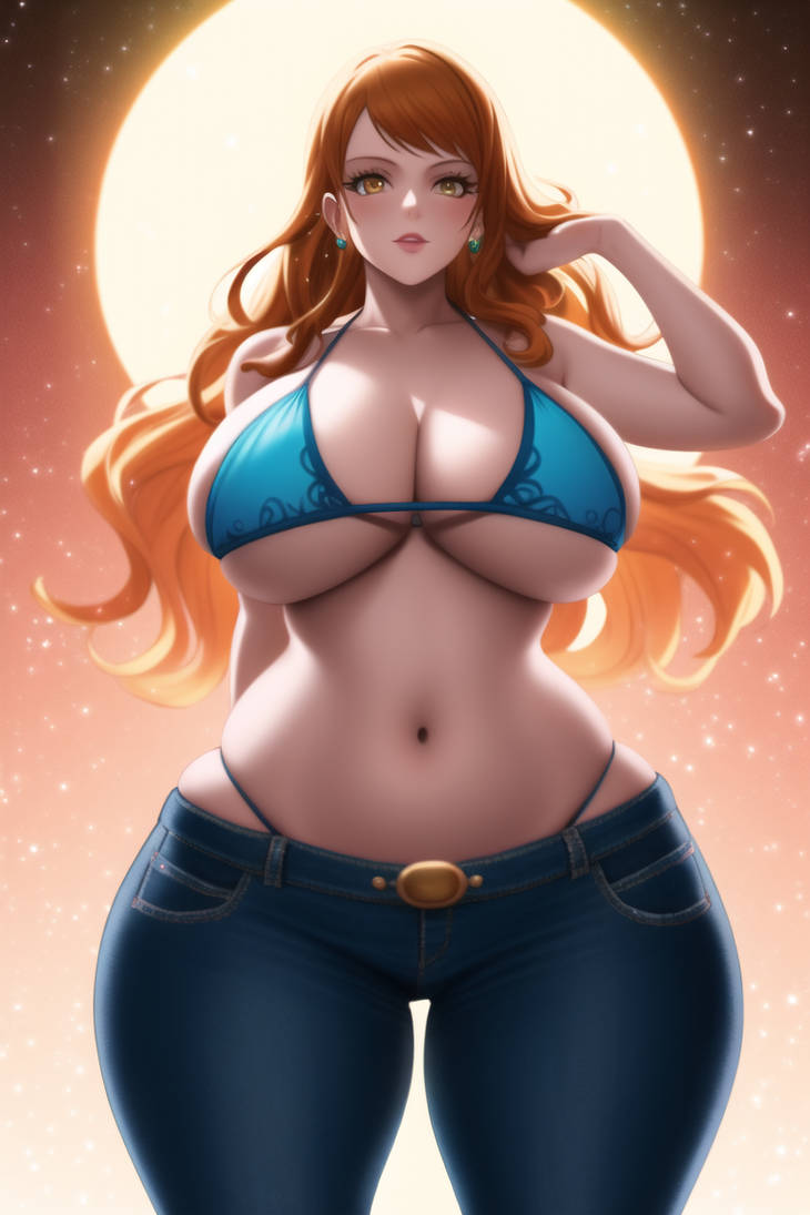 1girls, ai generated, big breasts, bikini top, blue pants, breasts, cleavage, clothing, earrings, eyes, feet out of frame, female, female only, huge breasts, large breasts, moon, nai diffusion, nami (one piece), night, one piece, orange eyes, orange hair, post-timeskip, shounen jump, stable diffusion, standing, thick, thick thighs, thong, thong bikini, thong panties, voluptuous, voluptuous female, wide hips