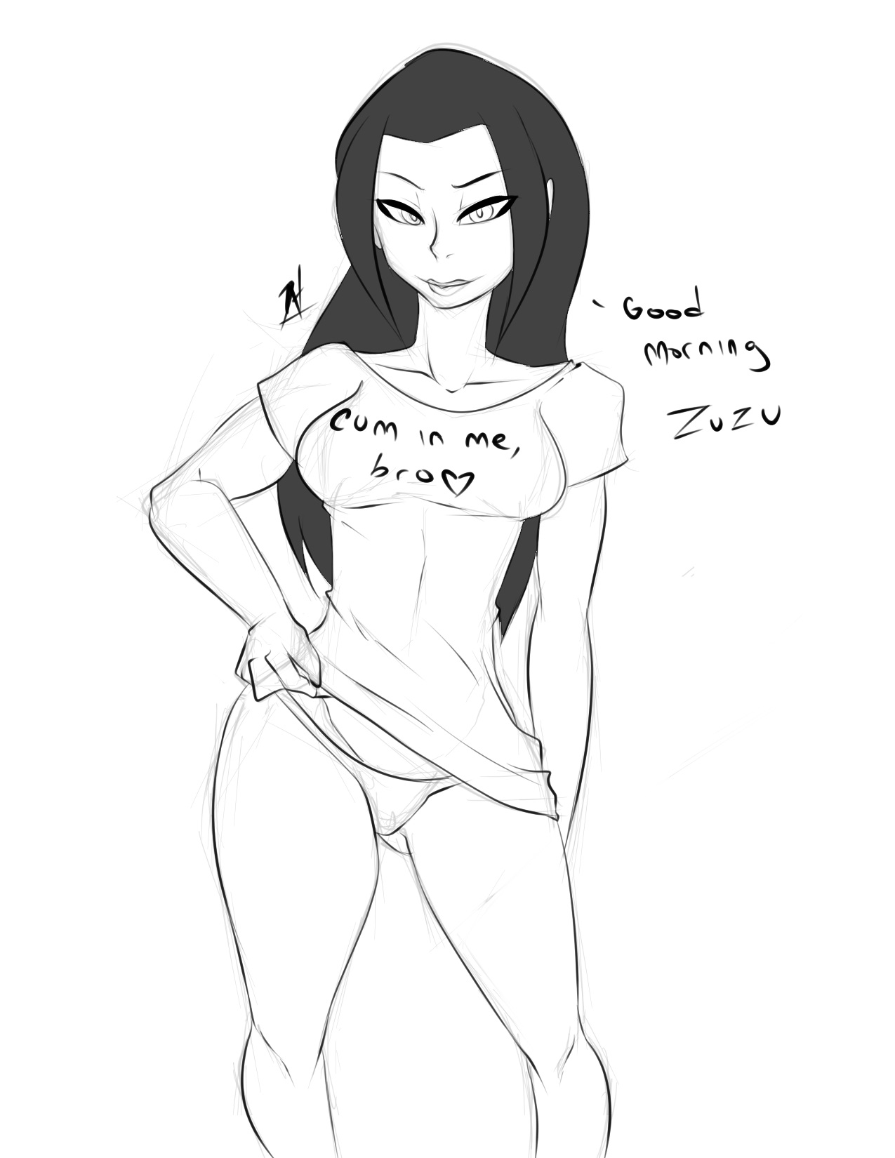 alternate hairstyle, avatar the last airbender, azula, cum inside request, edit, english text, female, female focus, female only, grin, hair down, heart, implied incest, impregnation request, inuyuru, long hair, long sleeves, panties, seductive smile, semi incest, shirt, shirt lift, smile, smug, solo, solo female, solo focus, suggestive, teasing, text, underwear, unseen character, zuko