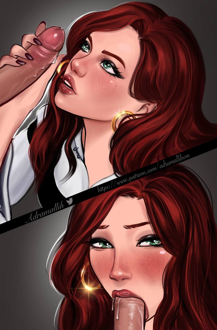1boy, 1girls, 2022, 2d, 2d (artwork), adramallih, alternate eye color, black eyeshadow, black nails, blowjob, blush, blush lines, clothed, clothed female, earrings, eyeliner, eyeshadow, fellatio, female, female focus, freckles, green eyes, hoop earrings, just the tip, league of legends, light skin, light-skinned female, light-skinned male, lipstick, long hair, looking at viewer, looking up, makeup, male, miss fortune, nail polish, narrowed eyes, nose blush, oral, oral penetration, oral sex, penis, penis grab, plump lips, red hair, red lips, red lipstick, riot games, straight, sucking, sucking penis