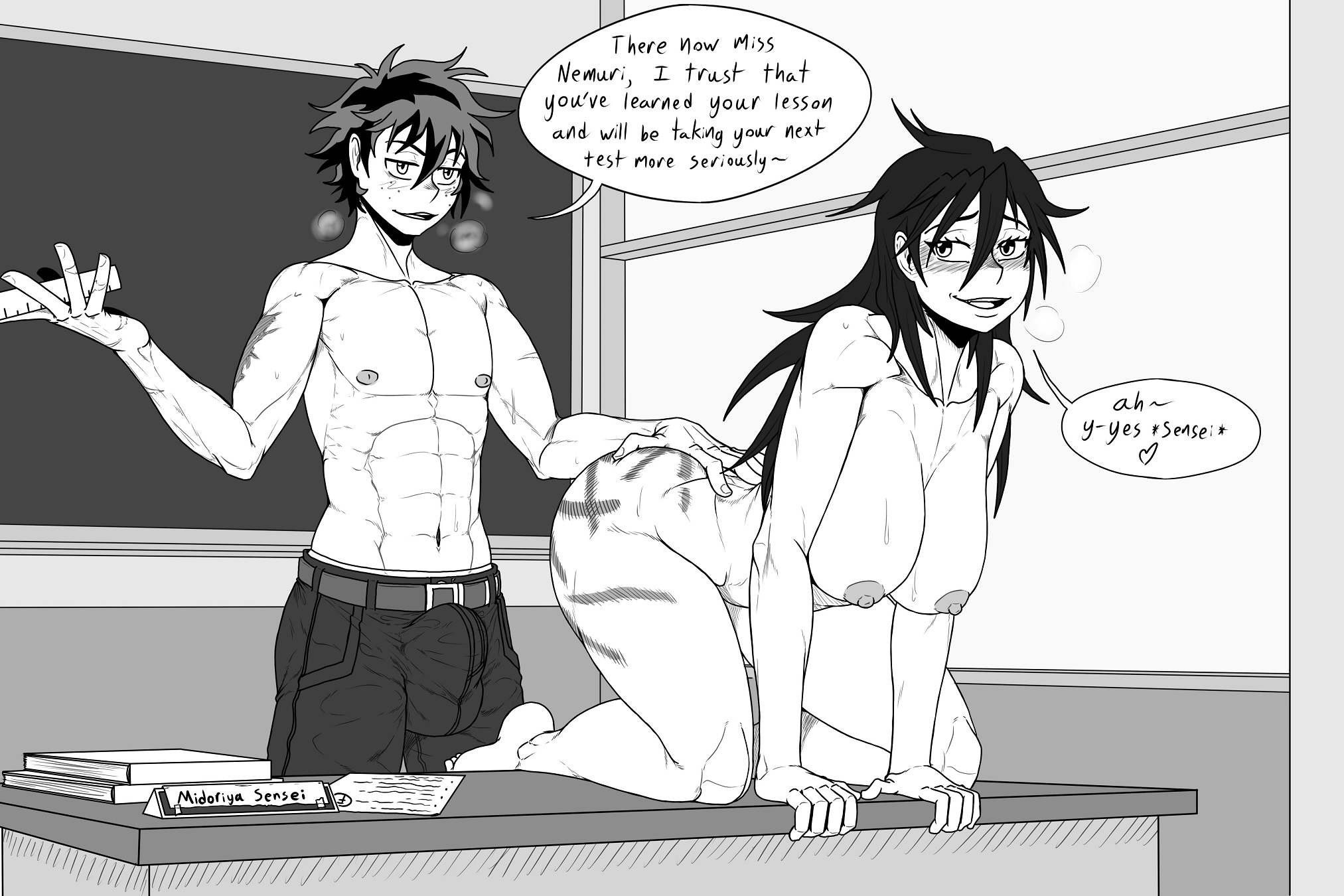 1boy, 1girls, 2023, big breasts, black and white, breasts, bulge, bulge through clothing, female, female submissive, izuku midoriya, kiahl, lobsterkiahl, male, male domination, midnight (my hero academia), muscular, muscular male, my hero academia, nemuri kayama, nipples, scar, scared, self upload, small dom big sub, spank marks, spanked, spanked butt, speech bubble