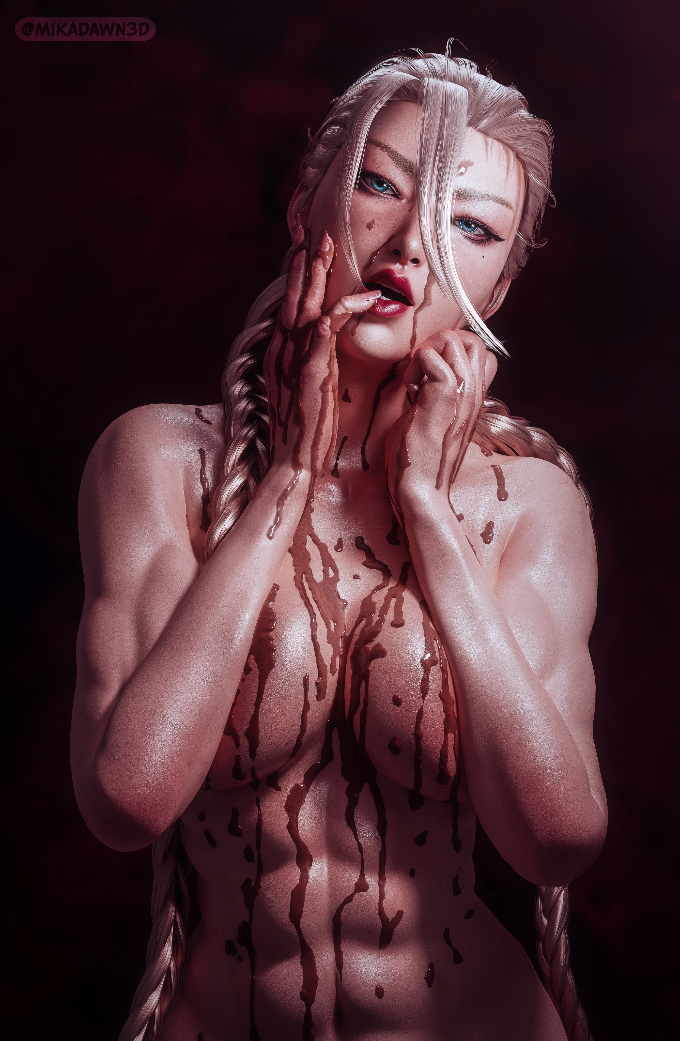 1girls, 3d, abs, big breasts, blonde hair, blue eyes, braided hair, braided twintails, breasts, cammy white, capcom, chocolate, female, female only, fit, fit female, mikadawn, seductive, seductive look, solo, street fighter, valentine's day
