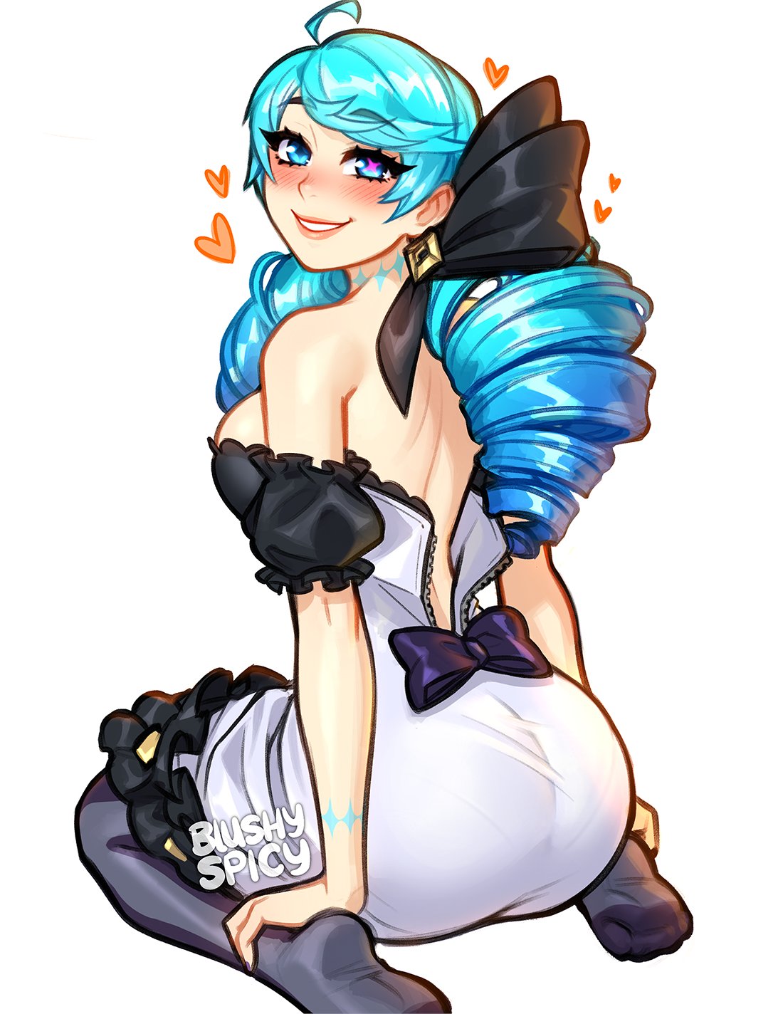 1girls 2023 2d 2d_(artwork) artist_logo artist_name artist_signature ass ass_up back_view bare_back blue_eyes blue_hair blush blushypixy blushyspicy bodysuit bow bowtie cleavage clothed clothing color_change cute cyan_eyes cyan_hair drill_hair eyebrows eyebrows_visible_through_hair eyelashes female female_only floating_heart grey_legwear gwen_(league_of_legends) hair hair_accessory hair_color_change hair_ornament hairbow hearts heterochromia holidays kneeling league_of_legends legwear light-skinned_female light_blue_hair light_blush light_skin long_hair looking_at_viewer looking_back looking_back_at_viewer loose_clothes lots_of_hair love_heart love_hearts nearly_nude ornate_clothing pink_eye red_heart riot_games simple_background simple_nose sitting sitting_on_floor skin_markings smiling_at_viewer solo stockings strapless strapless_dress thighs tied_hair turned_head unzipped unzipped_bodysuit url valentine's_day viewed_from_behind w_sitting watermark white_background woman zipper zipper_down