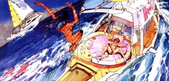 3girls blue_hair boat exhibitionism female fingering fish ghost_in_the_shell legs_spread lesbian_sex multiple_girls ocean outside red_hair shirou_masamune water yellow_hair yuri