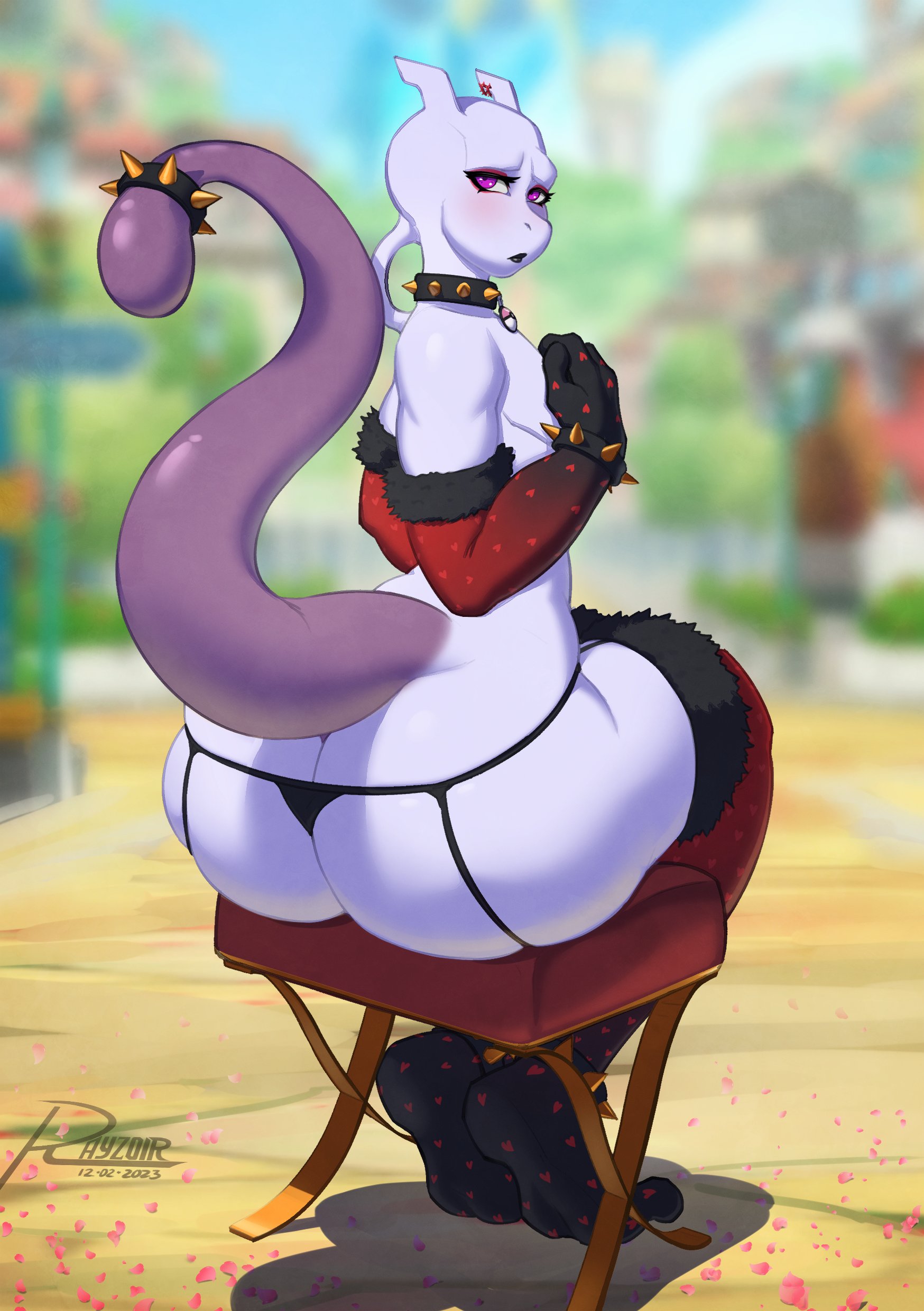 1boy, 2023, absurd res, anthro, ass, big ass, big butt, blush, clothing, fan character, femboy, girly, goth, group, hi res, lingerie, looking at viewer, looking back, makeup, male, mammal, mewtwo, nintendo, pokemon, rayzoir, tagme