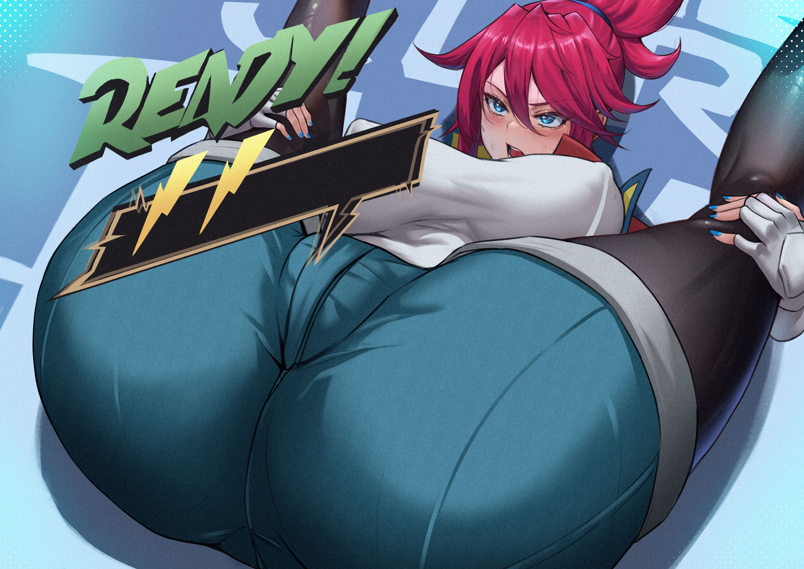 1girls, ass, big breasts, blue eyes, blue nails, blush, breasts, female, female only, fingerless gloves, gloves, hi-fi rush, jacket, jean shorts, korsica, kuutamo, legs up, nipple bulge, open jacket, painted nails, pantyhose, red hair, shorts, spiky hair, spread legs, sweat, thick thighs, tights