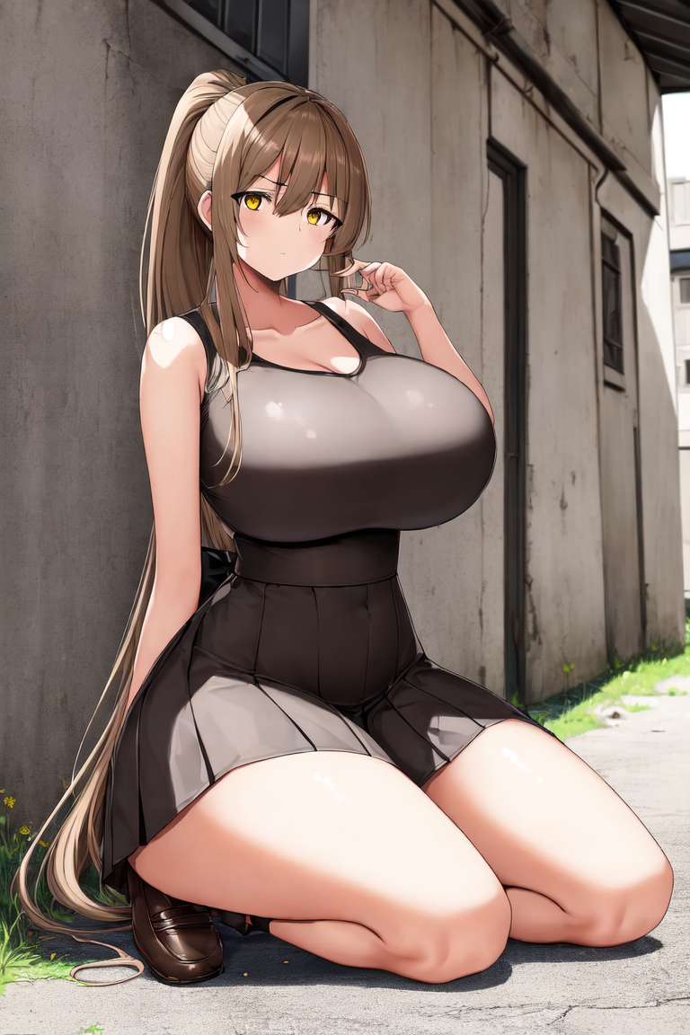 ai_generated amagi_brilliant_park backalley big_breasts black_clothing black_skirt brown_hair extremely_long_hair holaraai huge_breasts kneeling light_brown_hair long_hair looking_at_viewer massive_breasts no_socks one_hand_up outside ponytail public sento_isuzu serious serious_look shoes skirt tank_top thick_thighs very_long_hair voluptuous yellow_eyes