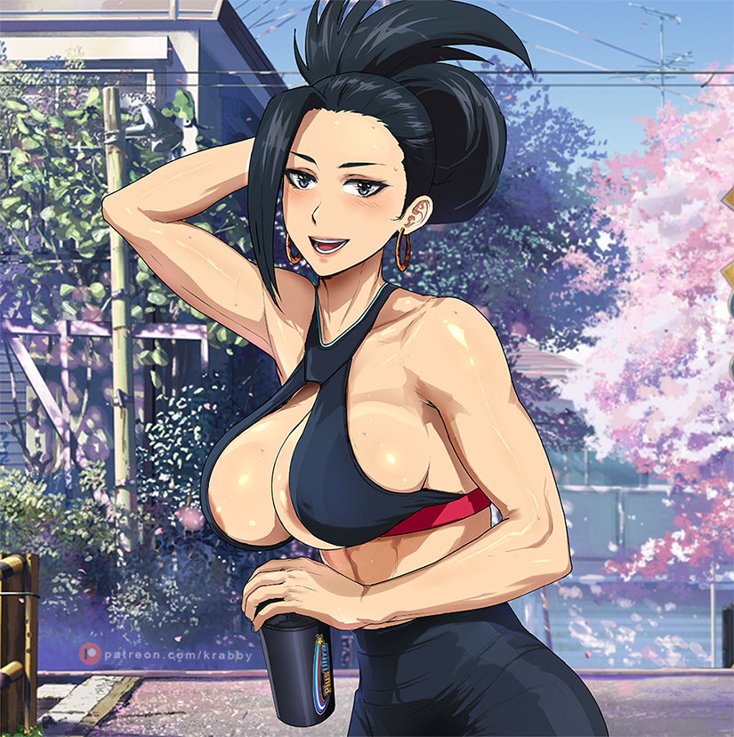 1girls abs big_ass big_breasts bimbo black_eyes black_hair earrings erect_nipples hoop_earrings krabby_(artist) momo_yaoyorozu my_hero_academia nipples protein_shake slutty_outfit smile sports_bra sportswear thick_ass thick_thighs tight_clothes workout yoga_pants