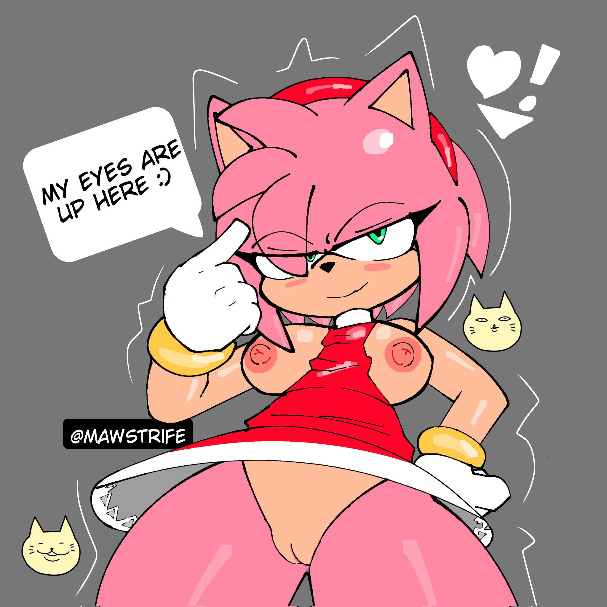 1girls, amy rose, anthro, blush, bottomless, breasts, english text, female, looking at viewer, mawstrife, narrowed eyes, pussy, solo, sonic (series), talking to viewer