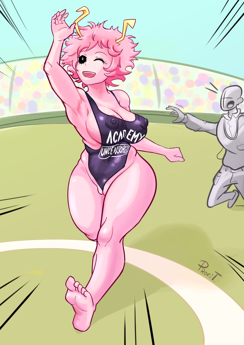 afro areola big_breasts black_sclera breasts cleavage clothed clothing duo eyelashes female genitals hair horn horned_humanoid huge_breasts human humanoid leotard male mammal mina_ashido my_hero_academia navel nipple_outline one_eye_closed open_mouth open_smile pink_areola pink_body pink_hair profit purple_clothing purple_leotard pussy pussy_floss running smile stadium thick_thighs translucent translucent_clothing wide_hips yellow_eyes yellow_horn