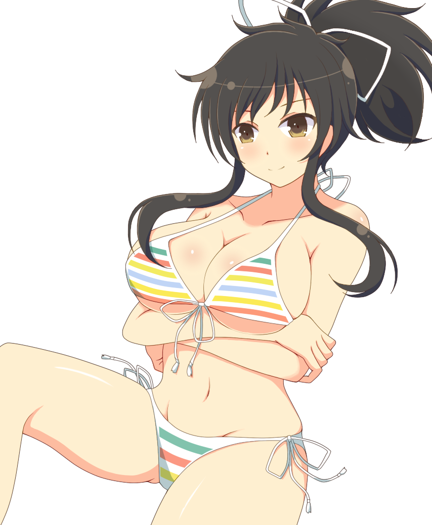 1girls asuka_(senran_kagura) bikini black_hair female front_view ichiryuu_tsumiki large_breasts light-skinned_female light_skin midriff navel ponytail senran_kagura simple_background smile solo tsumi white_background yellow_eyes